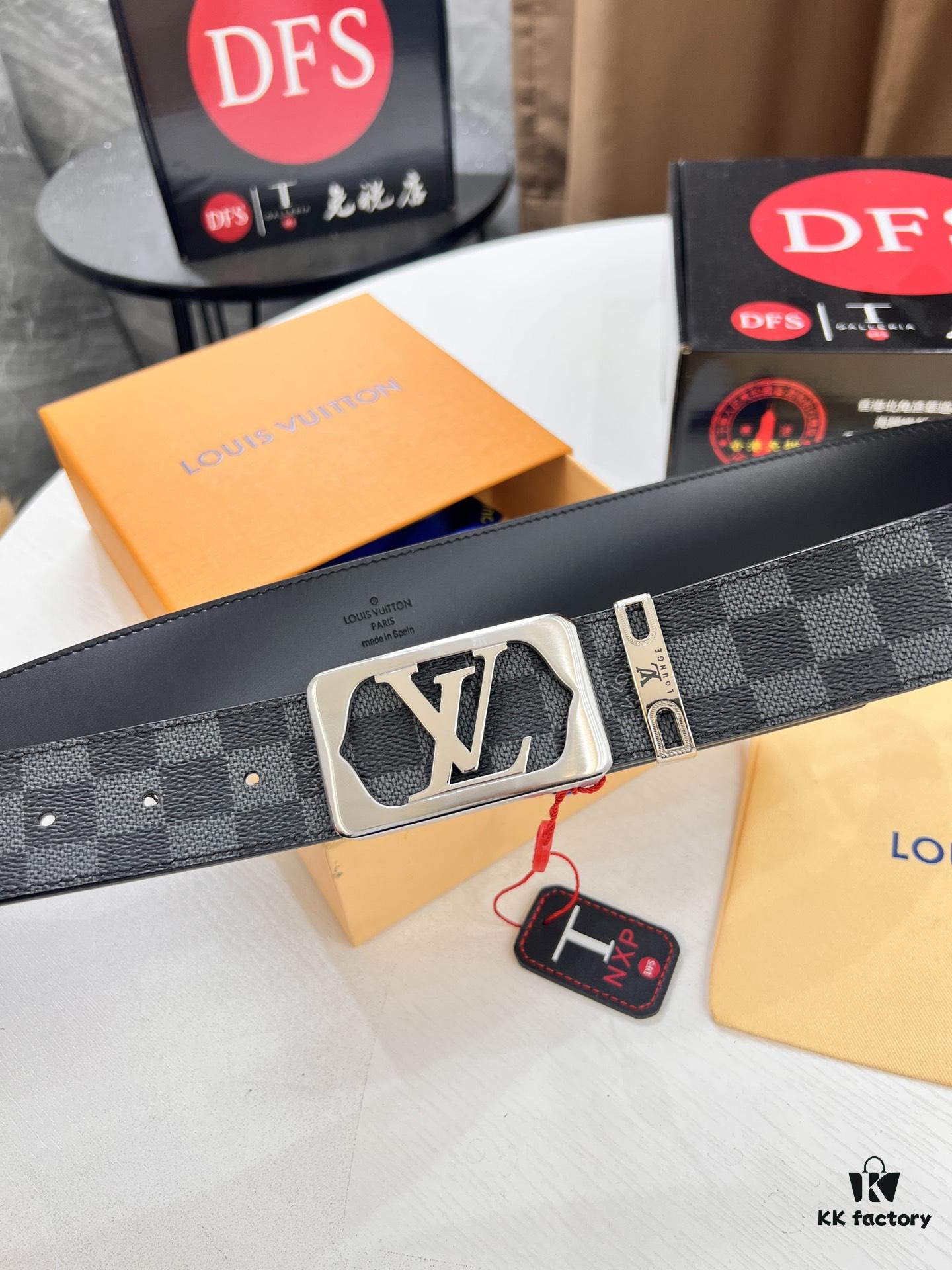 693202fc3a89a121ed550e9a LV Men's Belt, New Style, Checkered Imported Fabric, Genuine Cowhide, Brass Hardware, 3.8cm Width