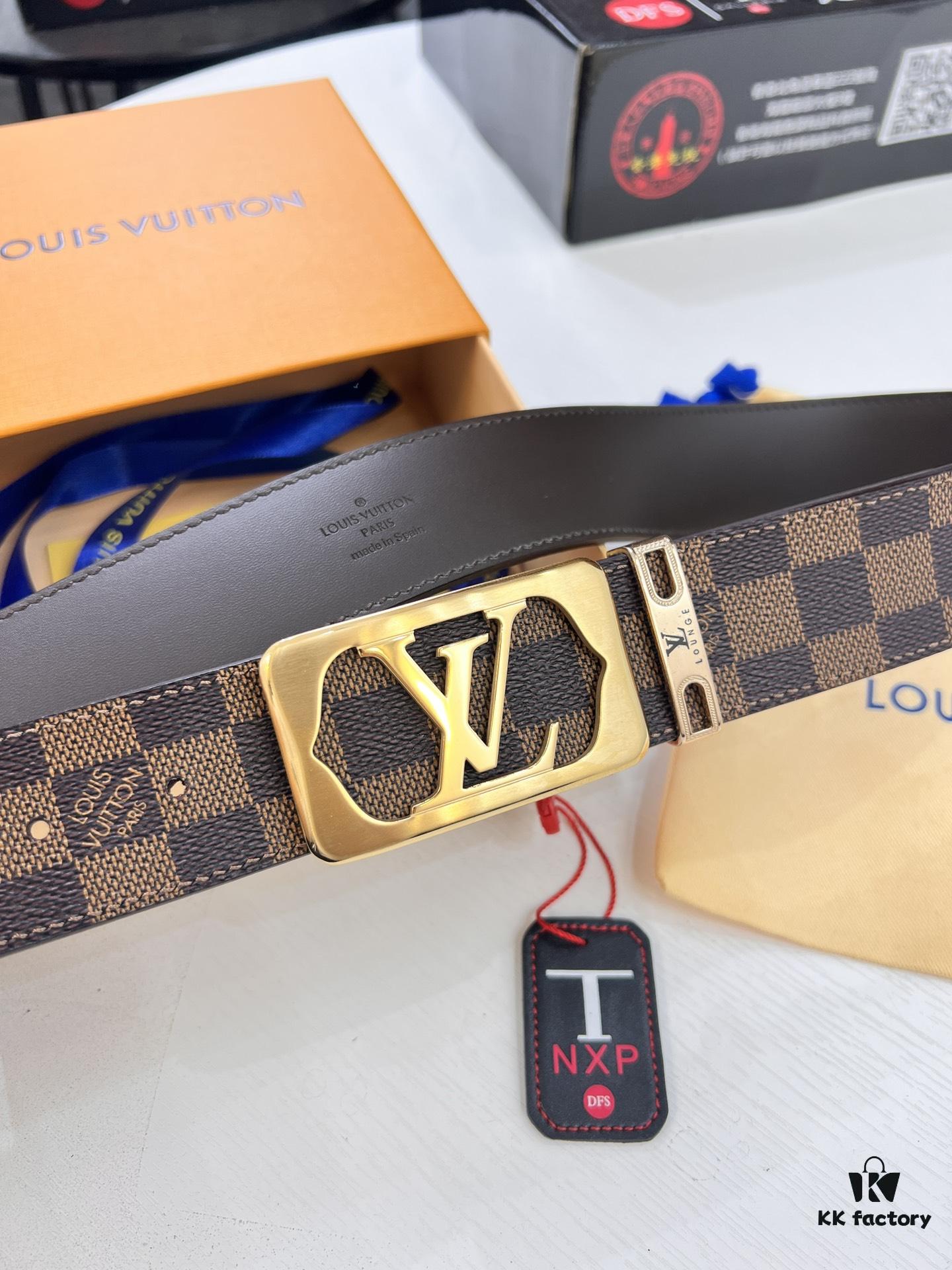 693202fc3a89a121ed550ea1 LV Men's Belt, New Style, Checkered Imported Fabric, Genuine Cowhide, Letter Hardware, 3.8cm Width