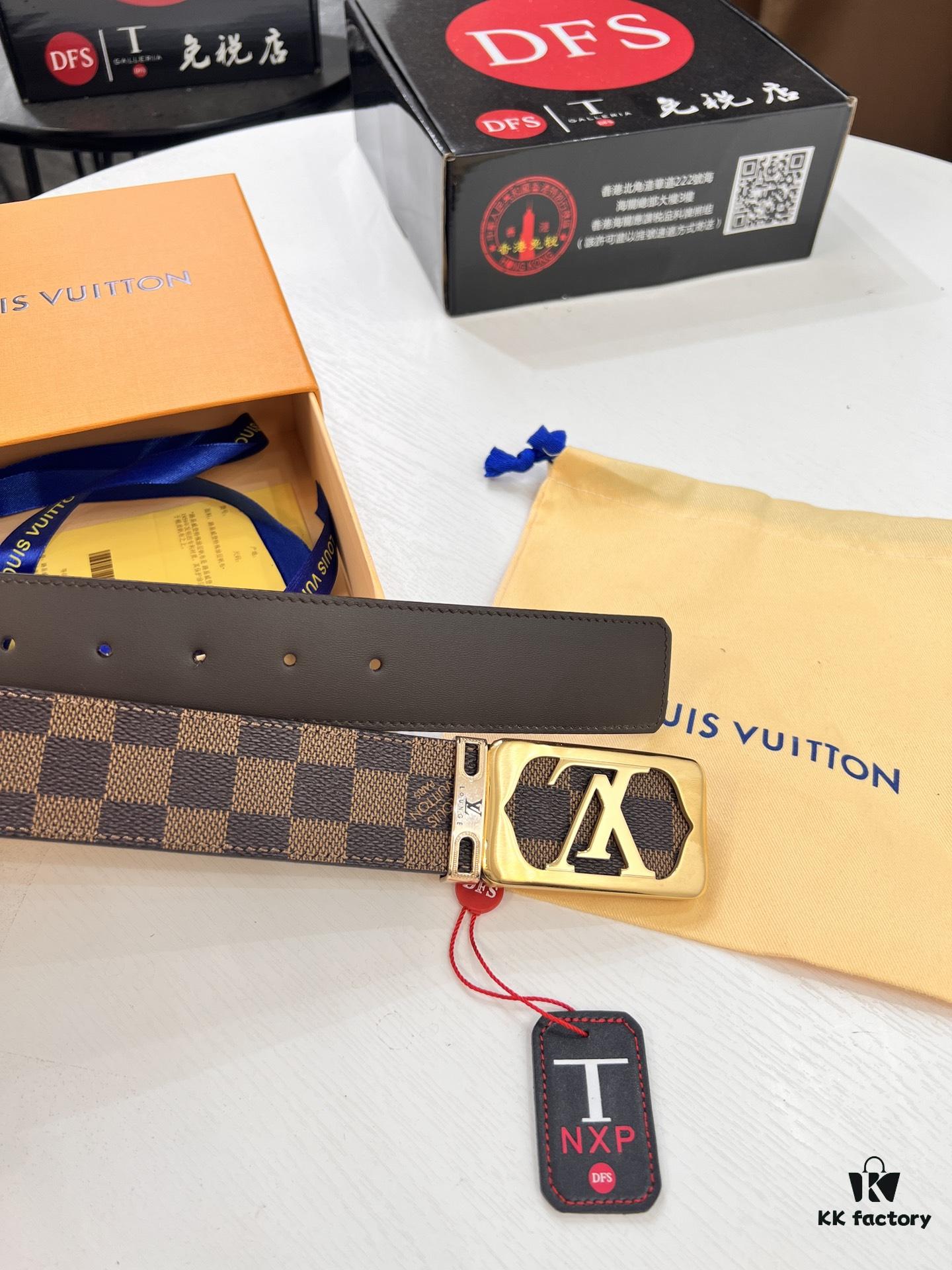 693202fc3a89a121ed550ea2 LV Men's Belt, New Style, Checkered Imported Fabric, Genuine Cowhide, Letter Hardware, 3.8cm Width