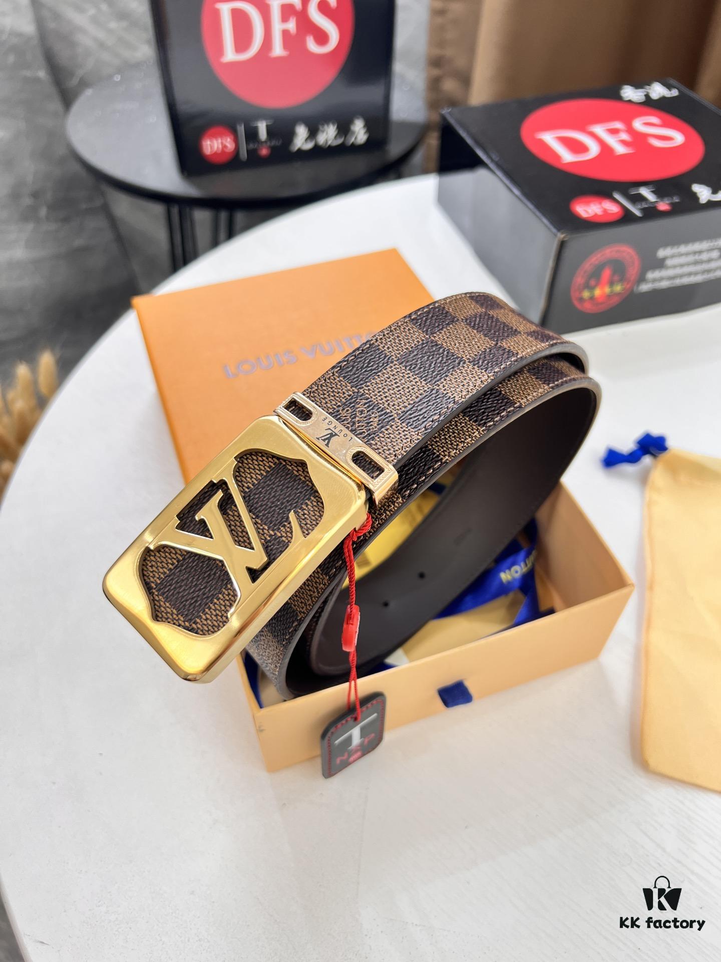 693202fd3a89a121ed550ea3 LV Men's Belt, New Style, Checkered Imported Fabric, Genuine Cowhide, Letter Hardware, 3.8cm Width