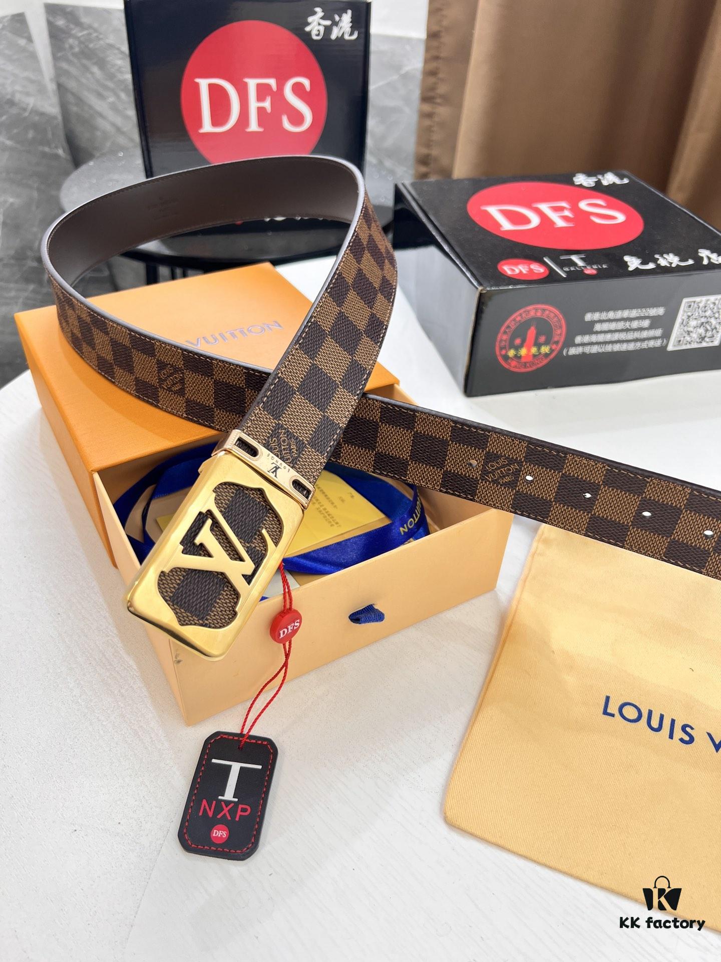 693202fd3a89a121ed550ea5 LV Men's Belt, New Style, Checkered Imported Fabric, Genuine Cowhide, Letter Hardware, 3.8cm Width