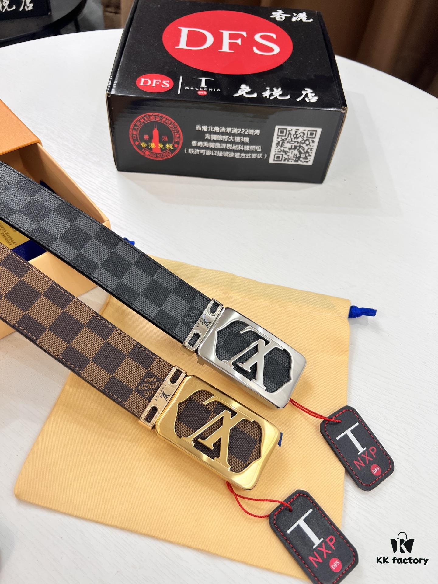 693202fd3a89a121ed550ea6 LV Men's Belt, New Style, Checkered Imported Fabric, Genuine Cowhide, Letter Hardware, 3.8cm Width