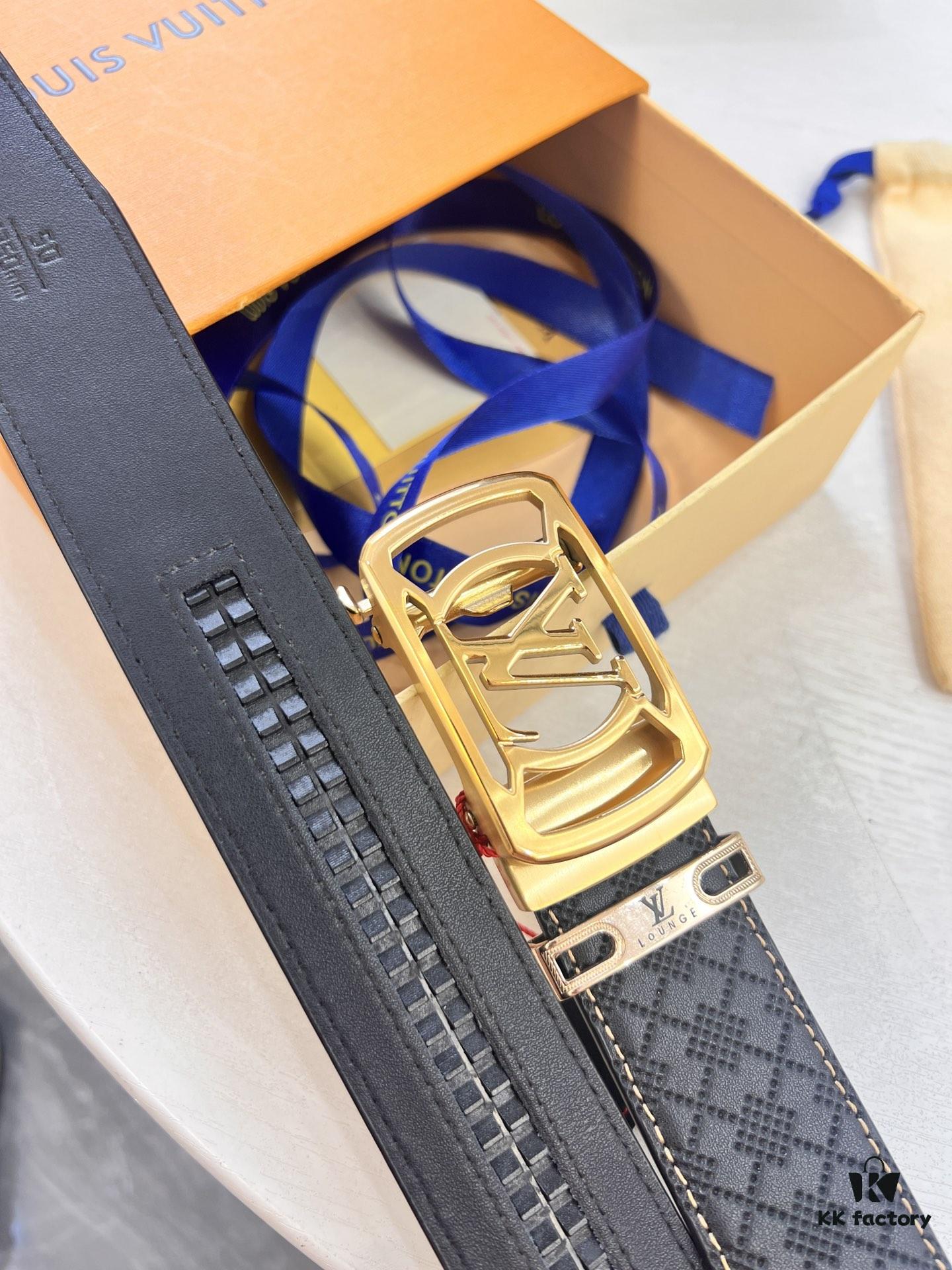 Louis Vuitton Automatic Buckle Belt, Top-Quality Genuine Cowhide with Grid Embossing, 3.5cm Width, Luxury Craftsmanship for Formal Business Wear