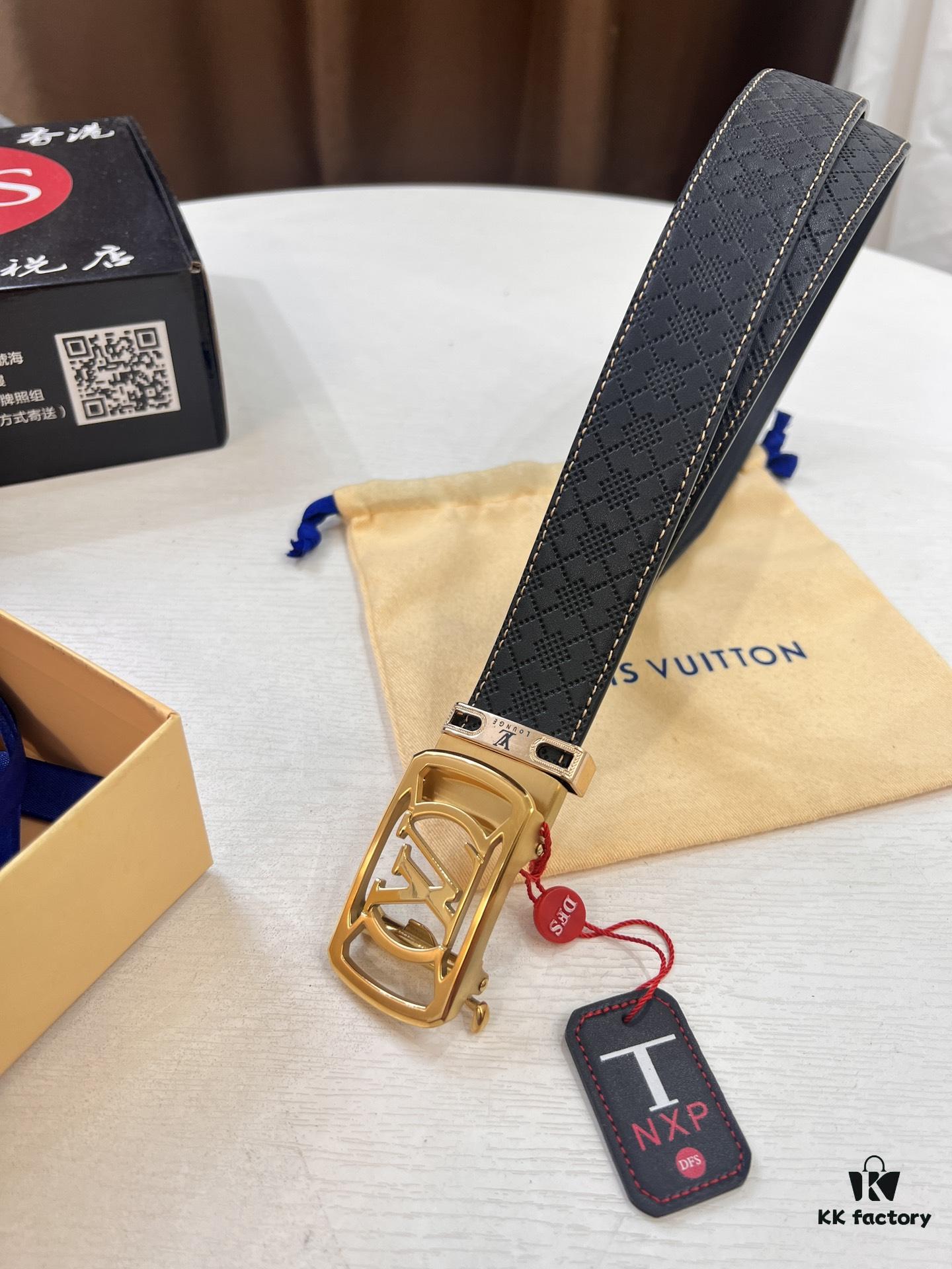 Louis Vuitton Automatic Buckle Belt, Top-Quality Genuine Cowhide with Grid Embossing, 3.5cm Width, Luxury Craftsmanship for Formal Business Wear