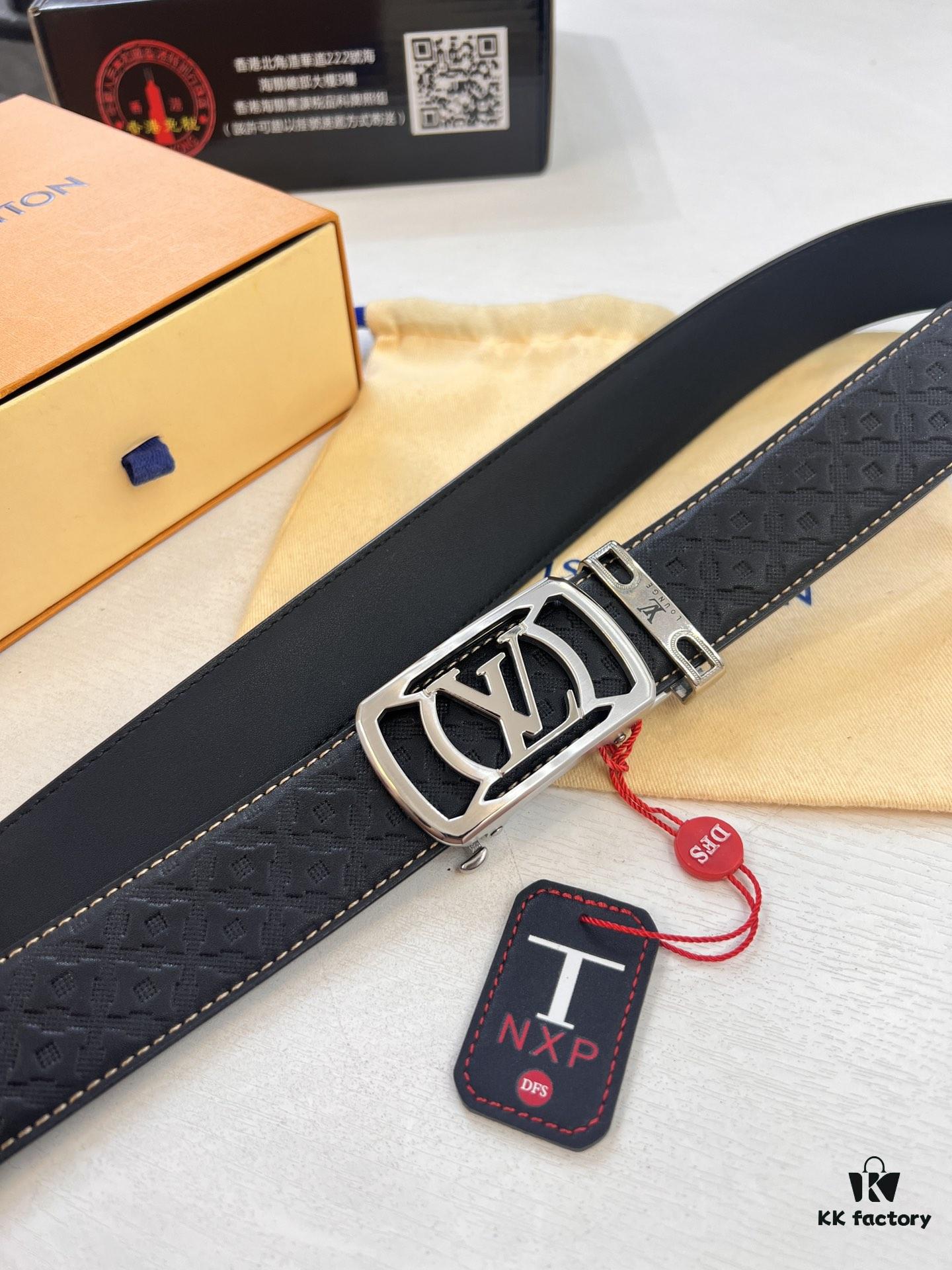 693203003a89a121ed550ed1 Louis Vuitton Automatic Buckle Belt, Full-Grain Calfskin with Checkerboard Embossing, 3.5cm Width, Top-Quality Craftsmanship