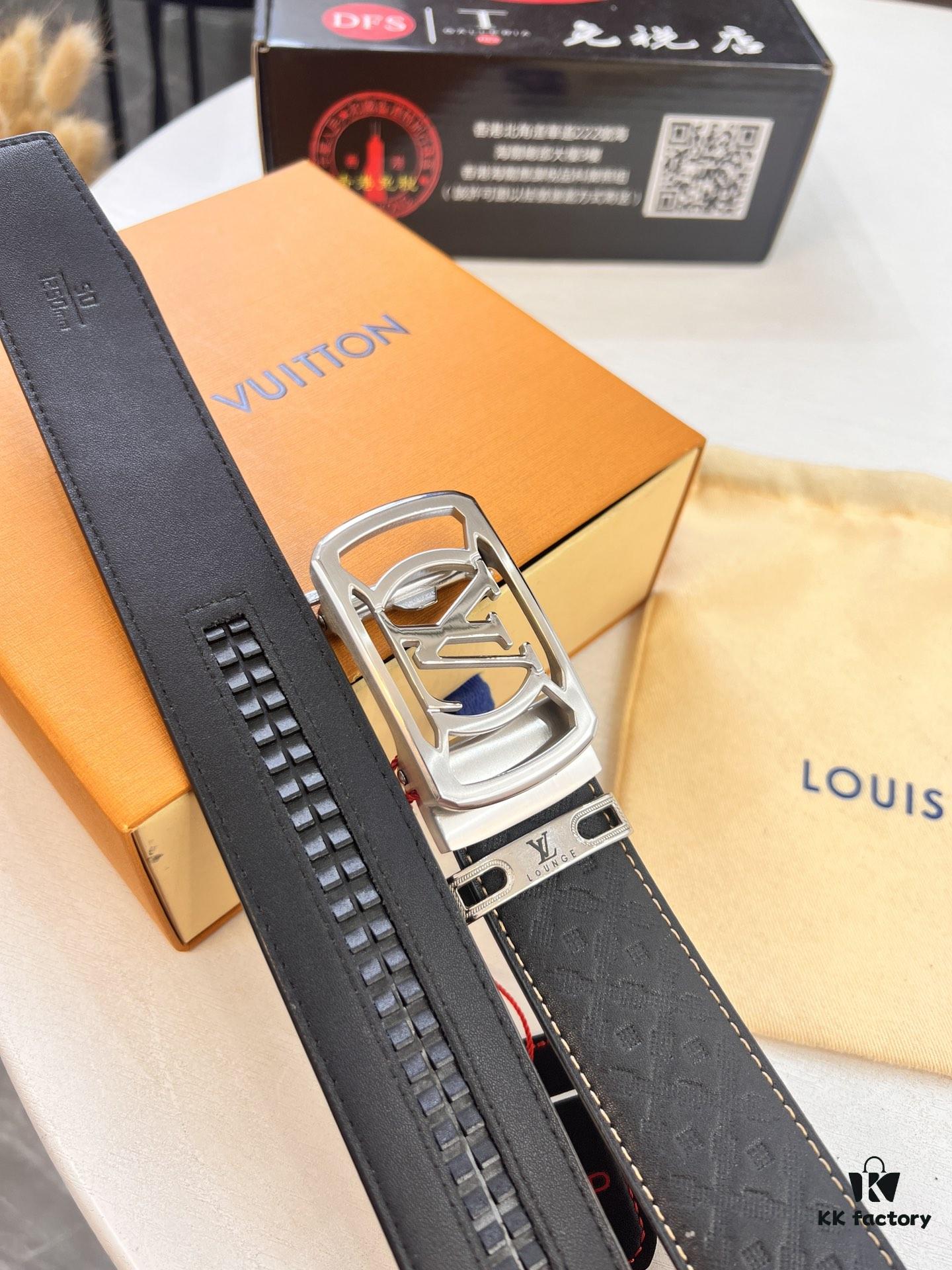 693203003a89a121ed550ed2 Louis Vuitton Automatic Buckle Belt, Full-Grain Calfskin with Checkerboard Embossing, 3.5cm Width, Top-Quality Craftsmanship