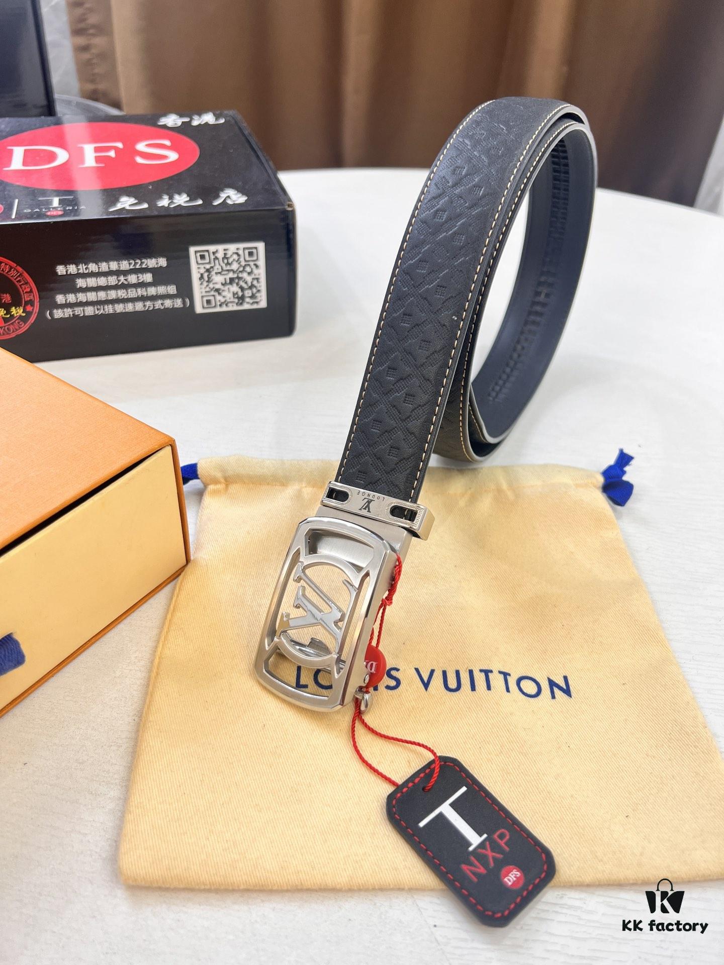 693203003a89a121ed550ed3 Louis Vuitton Automatic Buckle Belt, Full-Grain Calfskin with Checkerboard Embossing, 3.5cm Width, Top-Quality Craftsmanship