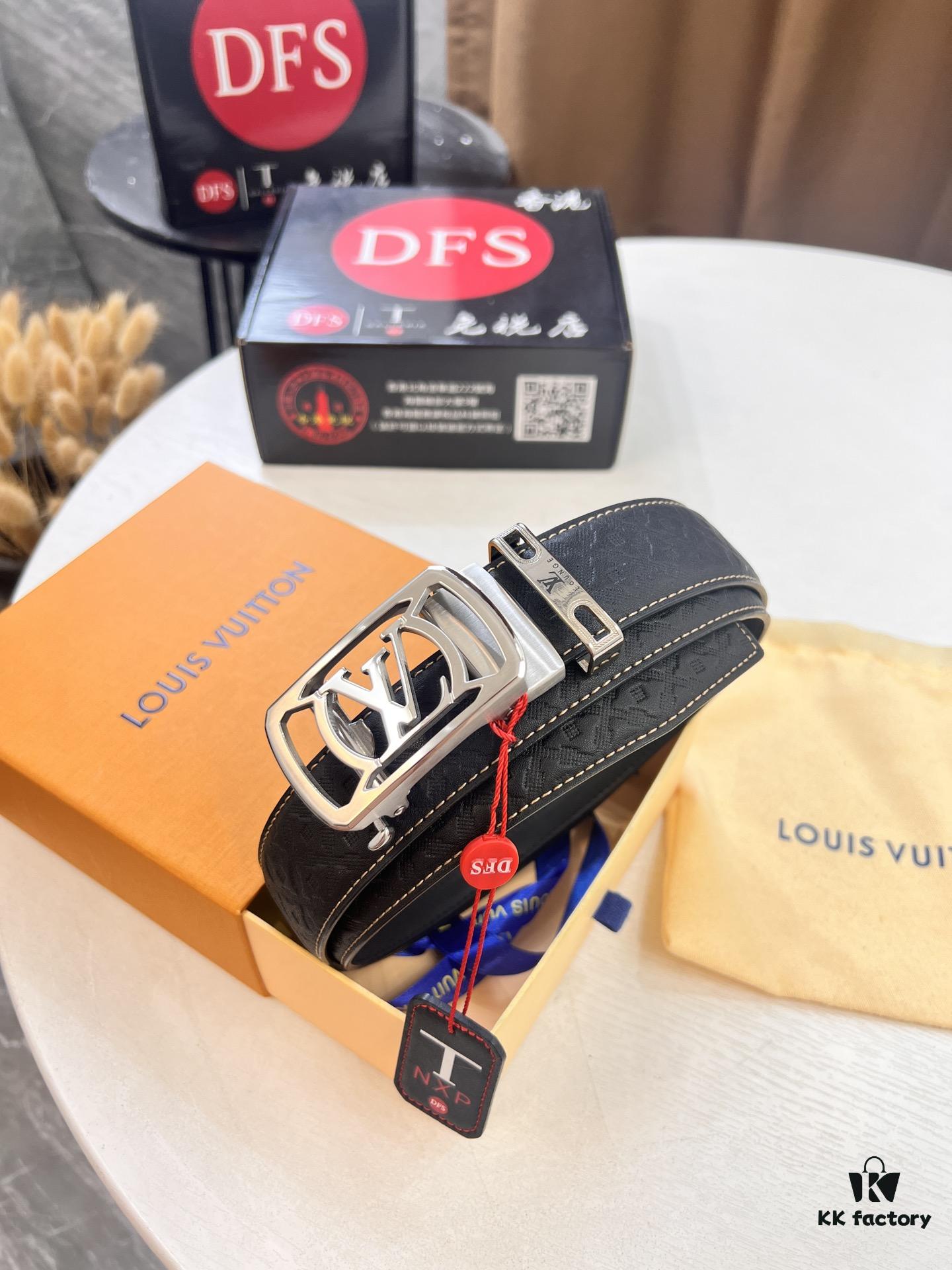 693203003a89a121ed550ed4 Louis Vuitton Automatic Buckle Belt, Full-Grain Calfskin with Checkerboard Embossing, 3.5cm Width, Top-Quality Craftsmanship