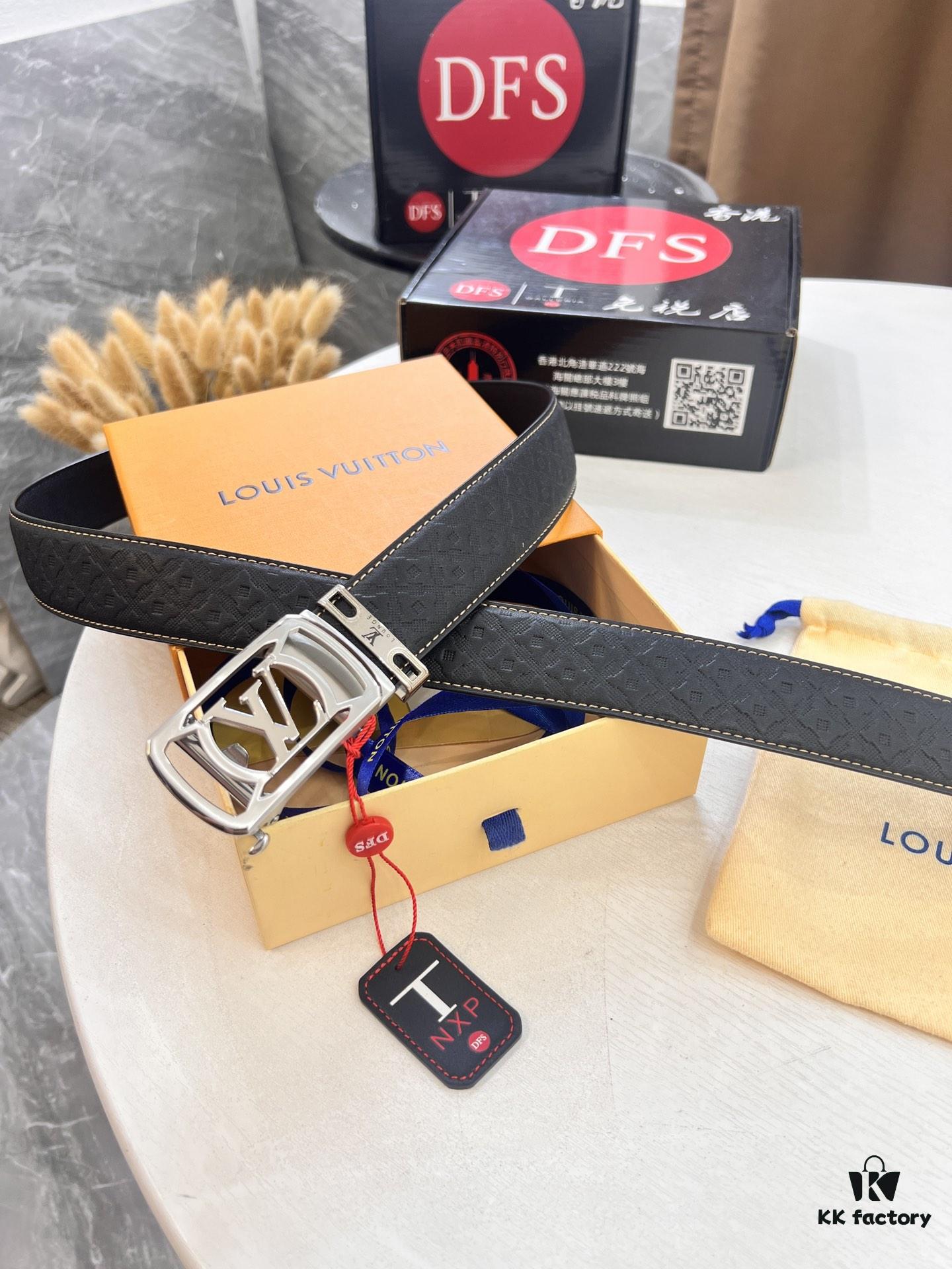 693203013a89a121ed550ed5 Louis Vuitton Automatic Buckle Belt, Full-Grain Calfskin with Checkerboard Embossing, 3.5cm Width, Top-Quality Craftsmanship