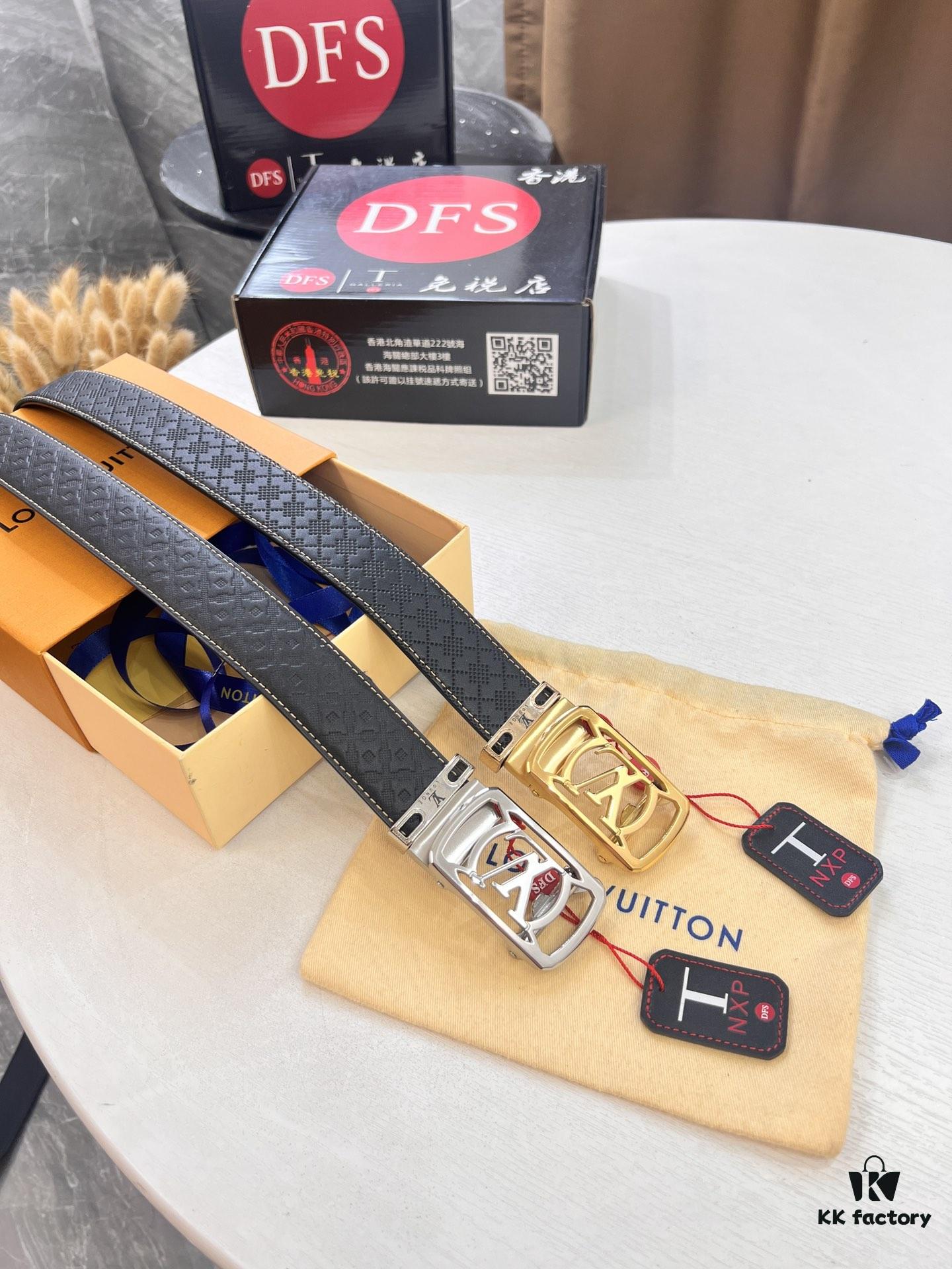 693203013a89a121ed550ed6 Louis Vuitton Automatic Buckle Belt, Full-Grain Calfskin with Checkerboard Embossing, 3.5cm Width, Top-Quality Craftsmanship
