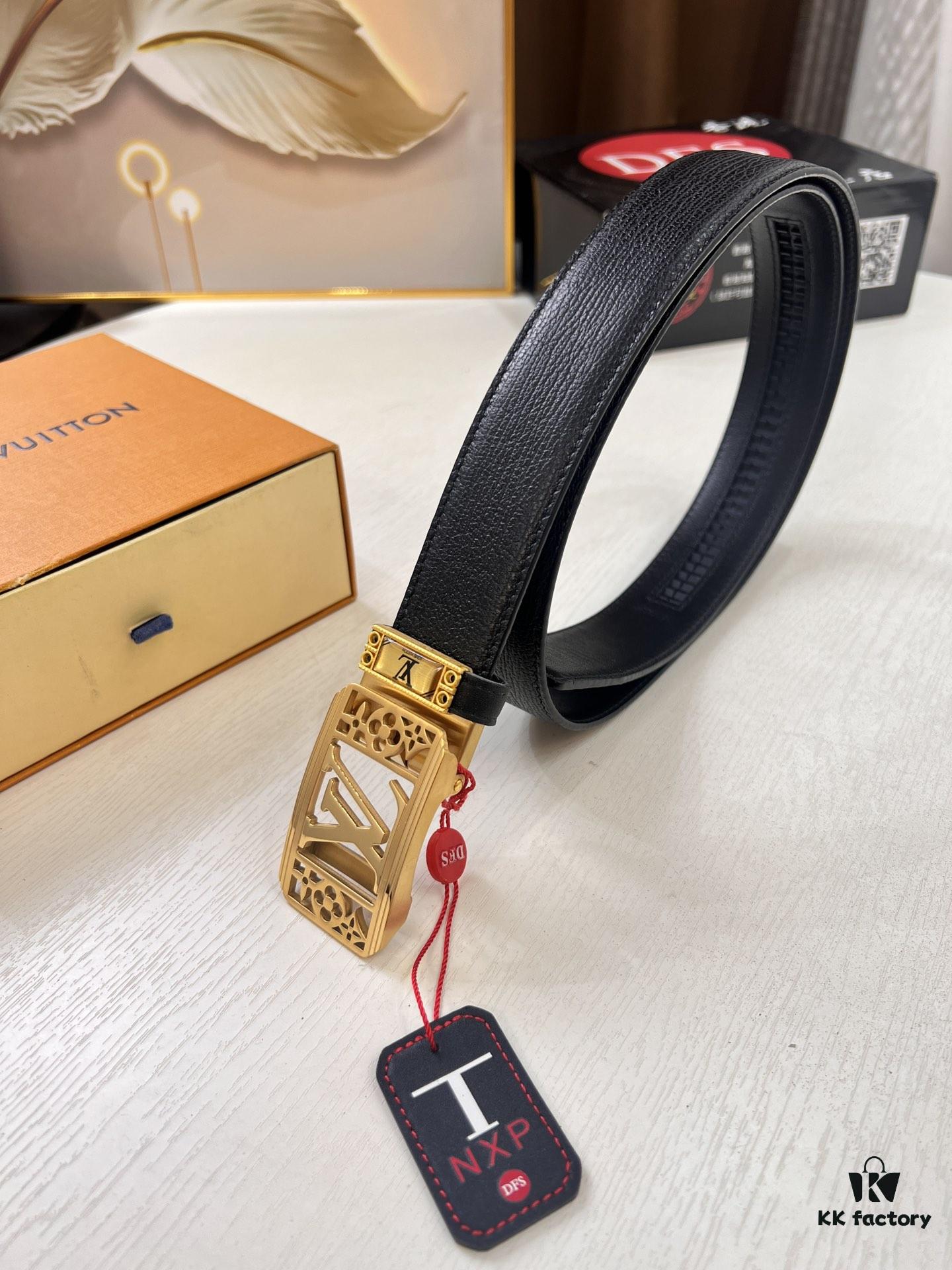 693203043a89a121ed550f03 Louis Vuitton Automatic Buckle Belt, Premium Cowhide with Embossed Logo, 3.5cm Width, Top Quality Genuine Leather for Business Formal Wear