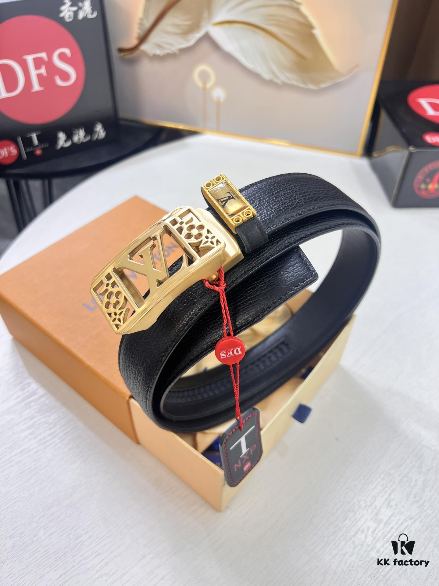 693203043a89a121ed550f04 Louis Vuitton Automatic Buckle Belt, Premium Cowhide with Embossed Logo, 3.5cm Width, Top Quality Genuine Leather for Business Formal Wear