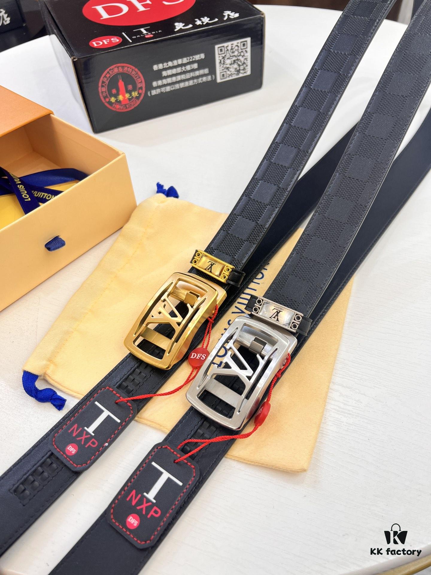 693203063a89a121ed550f16 Louis Vuitton Automatic Buckle Belt, Top-Quality Genuine Leather, 3.5cm Width, Imported Grain Leather with Fine-Grained Calfskin, Smooth Slide Mechanism