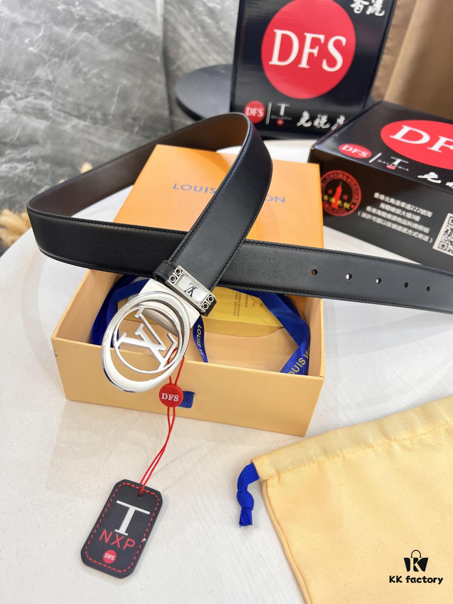 LV Men's Leather Belt, Top-Quality Business Formal Belt with Automatic Slide Buckle, 3.5 cm Width, Imported Cowhide