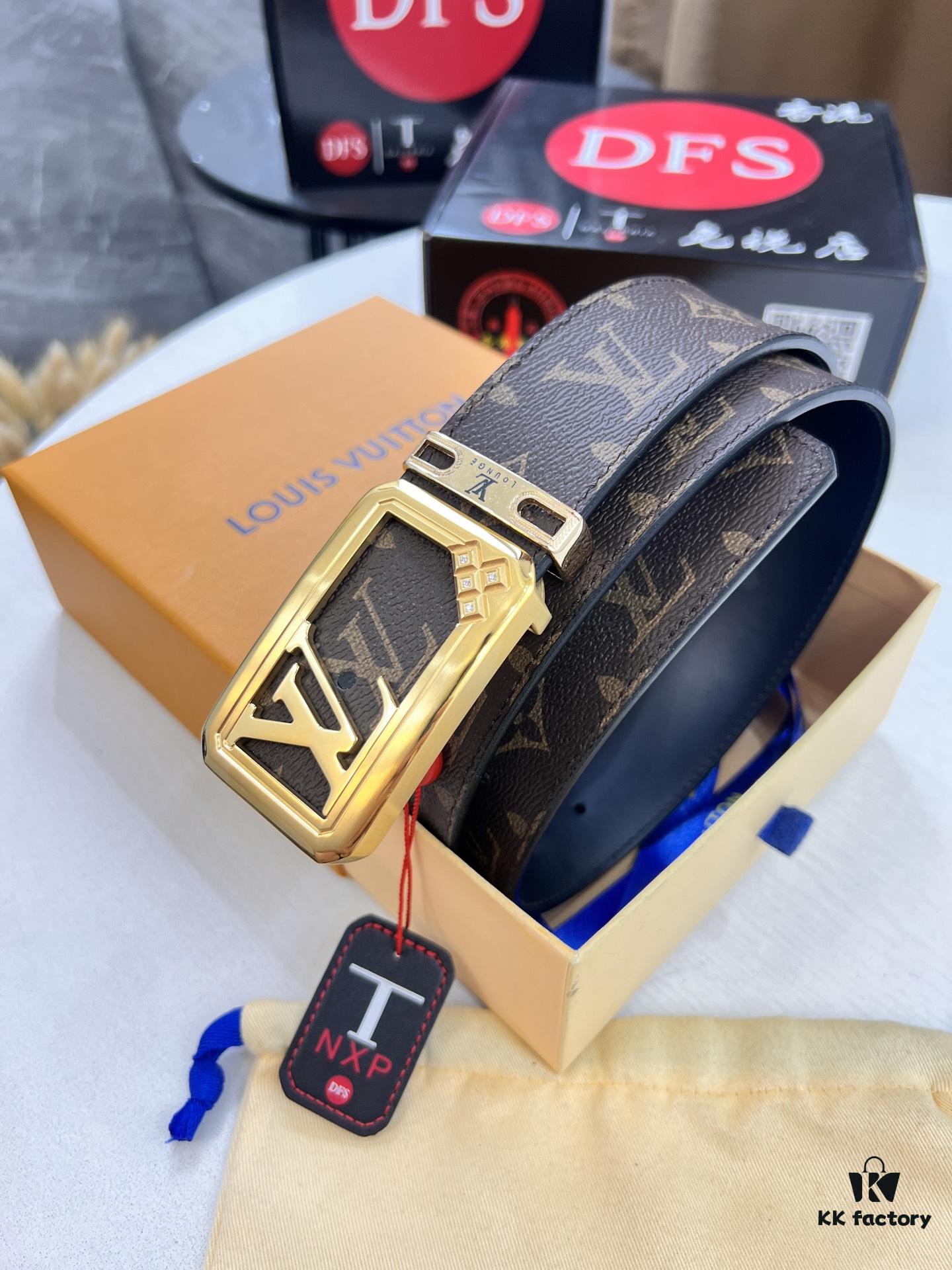 6932030e3a89a121ed550f7e LV Men's Belt, New Monogram PVC Imported Fabric, Genuine Cowhide with Diamond-Paved Box Letter Hardware, 3.8cm Width