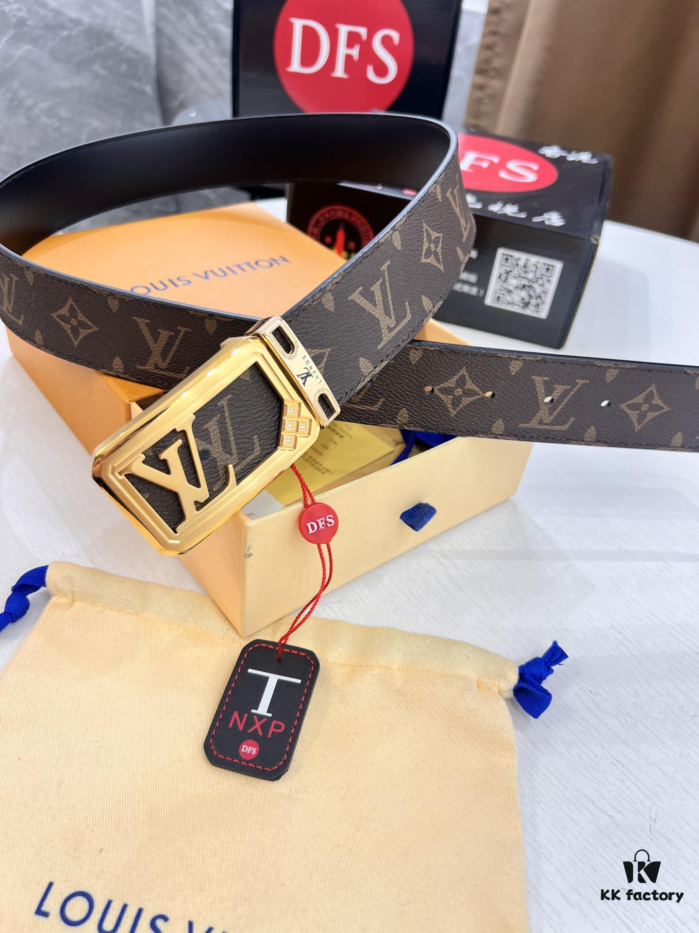 6932030e3a89a121ed550f7f LV Men's Belt, New Monogram PVC Imported Fabric, Genuine Cowhide with Diamond-Paved Box Letter Hardware, 3.8cm Width