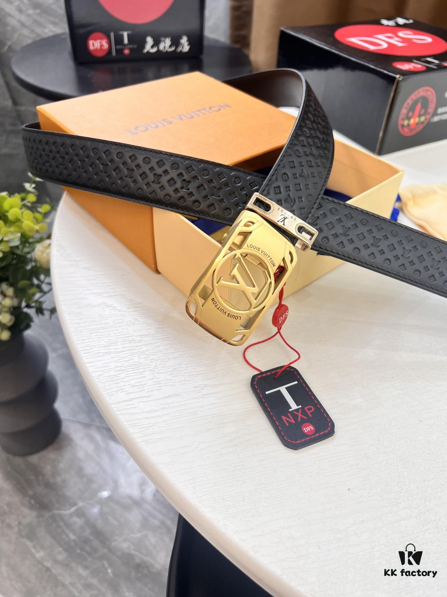 693203173a89a121ed550ff0 Louis Vuitton Automatic Buckle Belt, Top-Quality Genuine Leather, Imported Full-Grain Calfskin with Refined Grain Texture, 3.5 cm Width, Luxury Business Formal Accessory