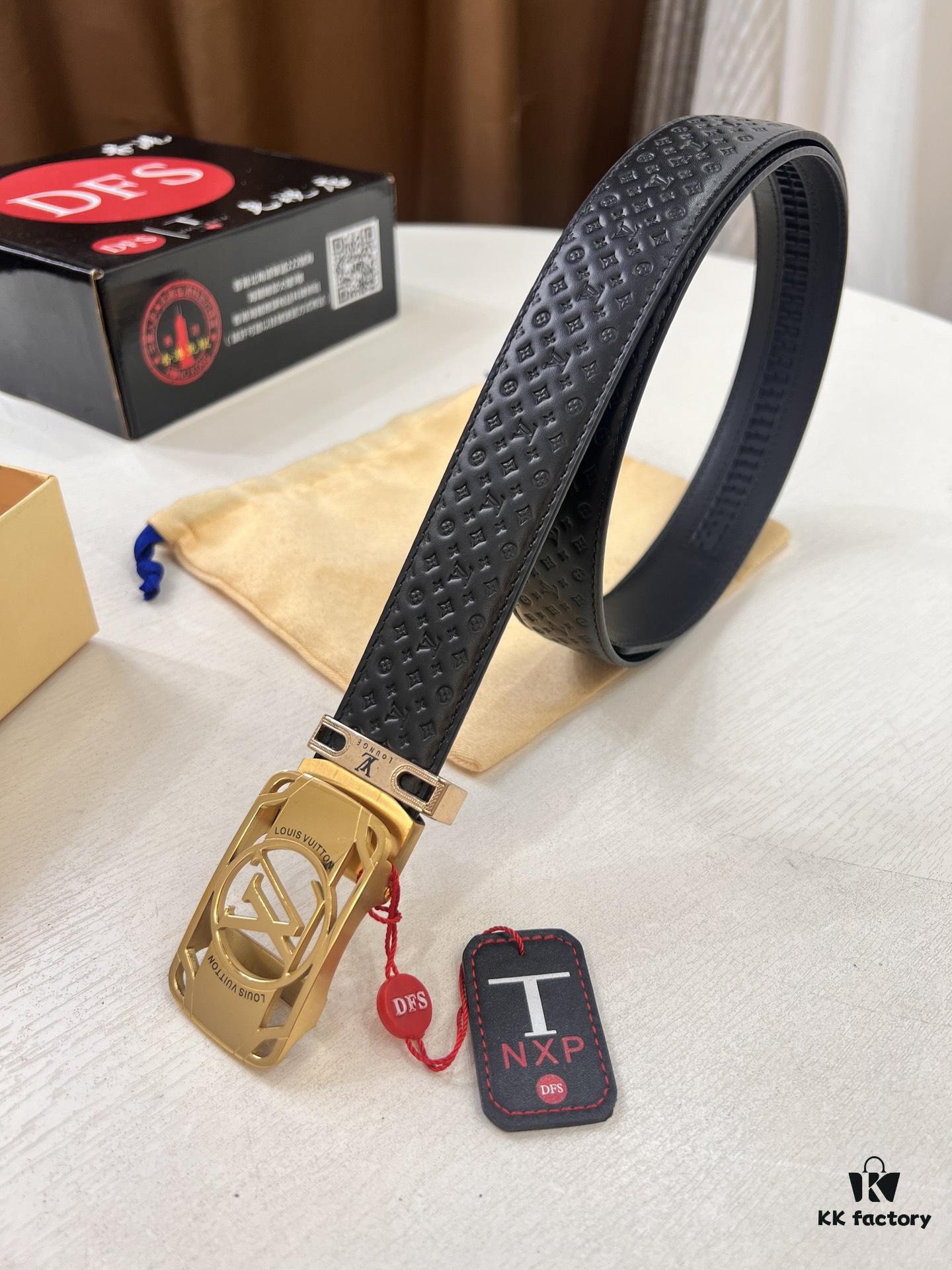 693203173a89a121ed550ff1 Louis Vuitton Automatic Buckle Belt, Top-Quality Genuine Leather, Imported Full-Grain Calfskin with Refined Grain Texture, 3.5 cm Width, Luxury Business Formal Accessory