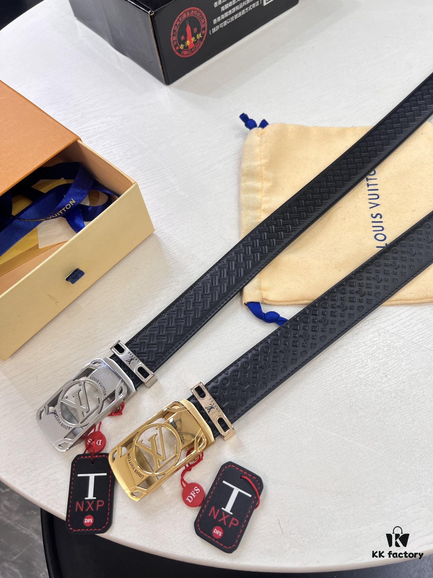 693203173a89a121ed550ff2 Louis Vuitton Automatic Buckle Belt, Top-Quality Genuine Leather, Imported Full-Grain Calfskin with Refined Grain Texture, 3.5 cm Width, Luxury Business Formal Accessory