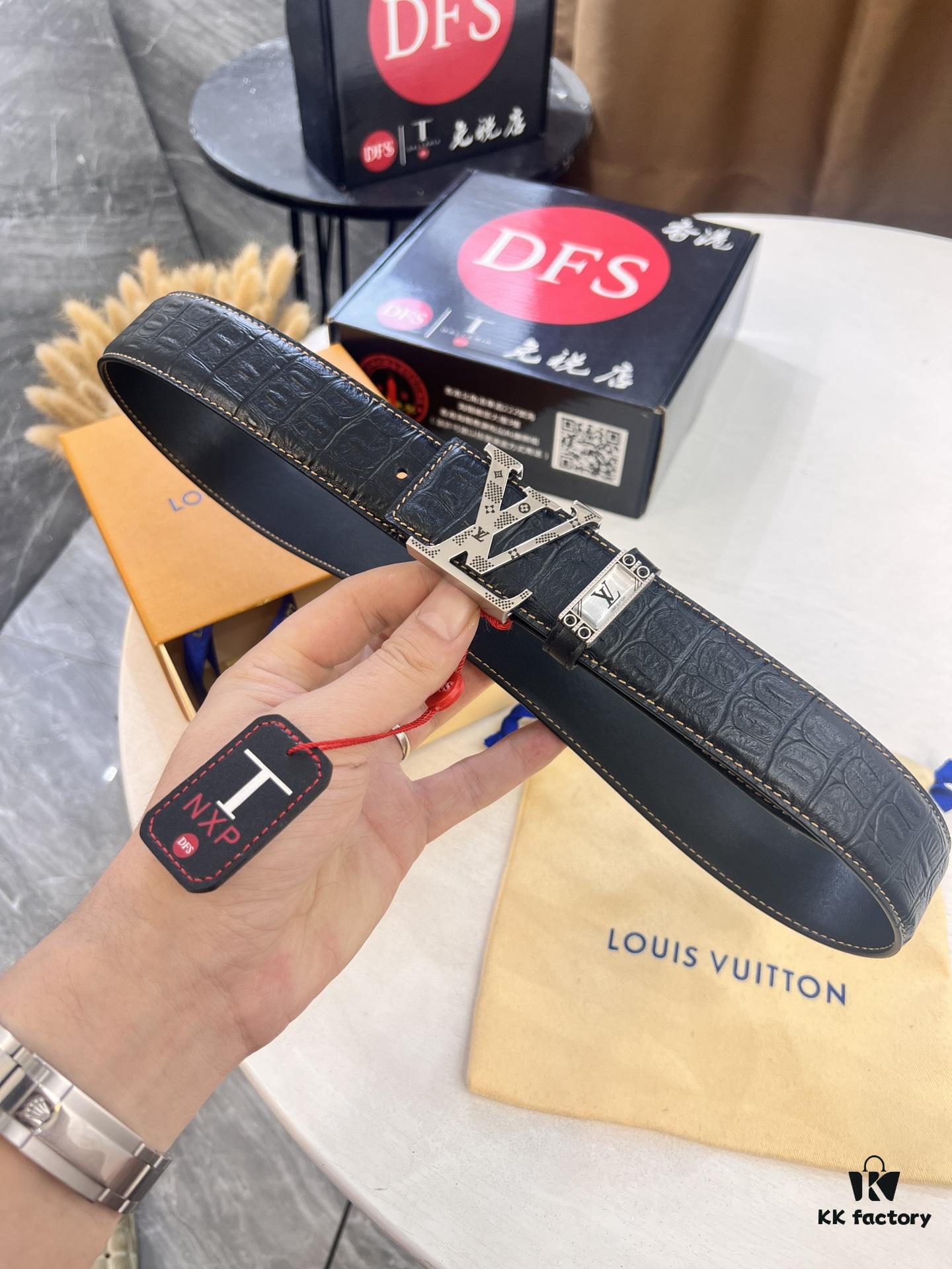 693203243a89a121ed551076 Top-Tier Louis Vuitton LV Belt – Genuine Crocodile-Texture Top Layer Calfskin, 3.8cm Width, Original Hong Kong Duty-Free Gift Box with NXP RFID Tag (Verifiable on Official Website)