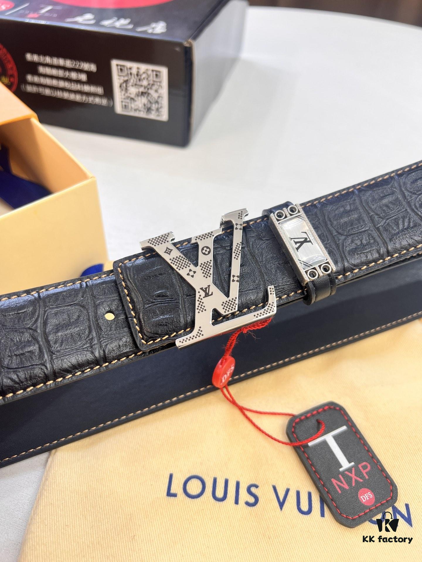 693203243a89a121ed551077 Top-Tier Louis Vuitton LV Belt – Genuine Crocodile-Texture Top Layer Calfskin, 3.8cm Width, Original Hong Kong Duty-Free Gift Box with NXP RFID Tag (Verifiable on Official Website)
