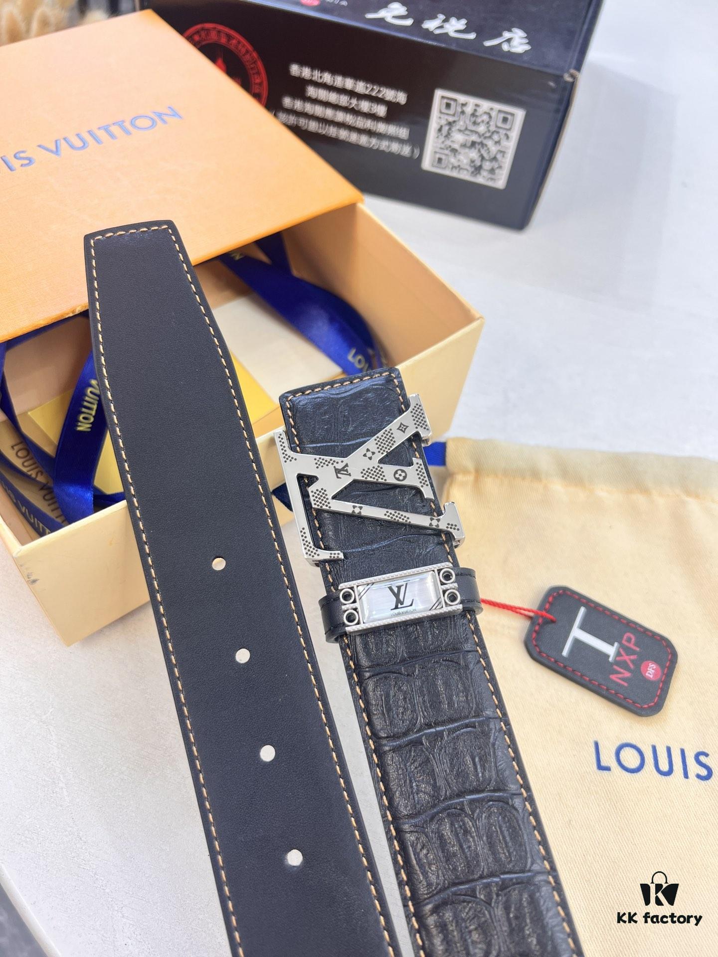 693203243a89a121ed551078 Top-Tier Louis Vuitton LV Belt – Genuine Crocodile-Texture Top Layer Calfskin, 3.8cm Width, Original Hong Kong Duty-Free Gift Box with NXP RFID Tag (Verifiable on Official Website)