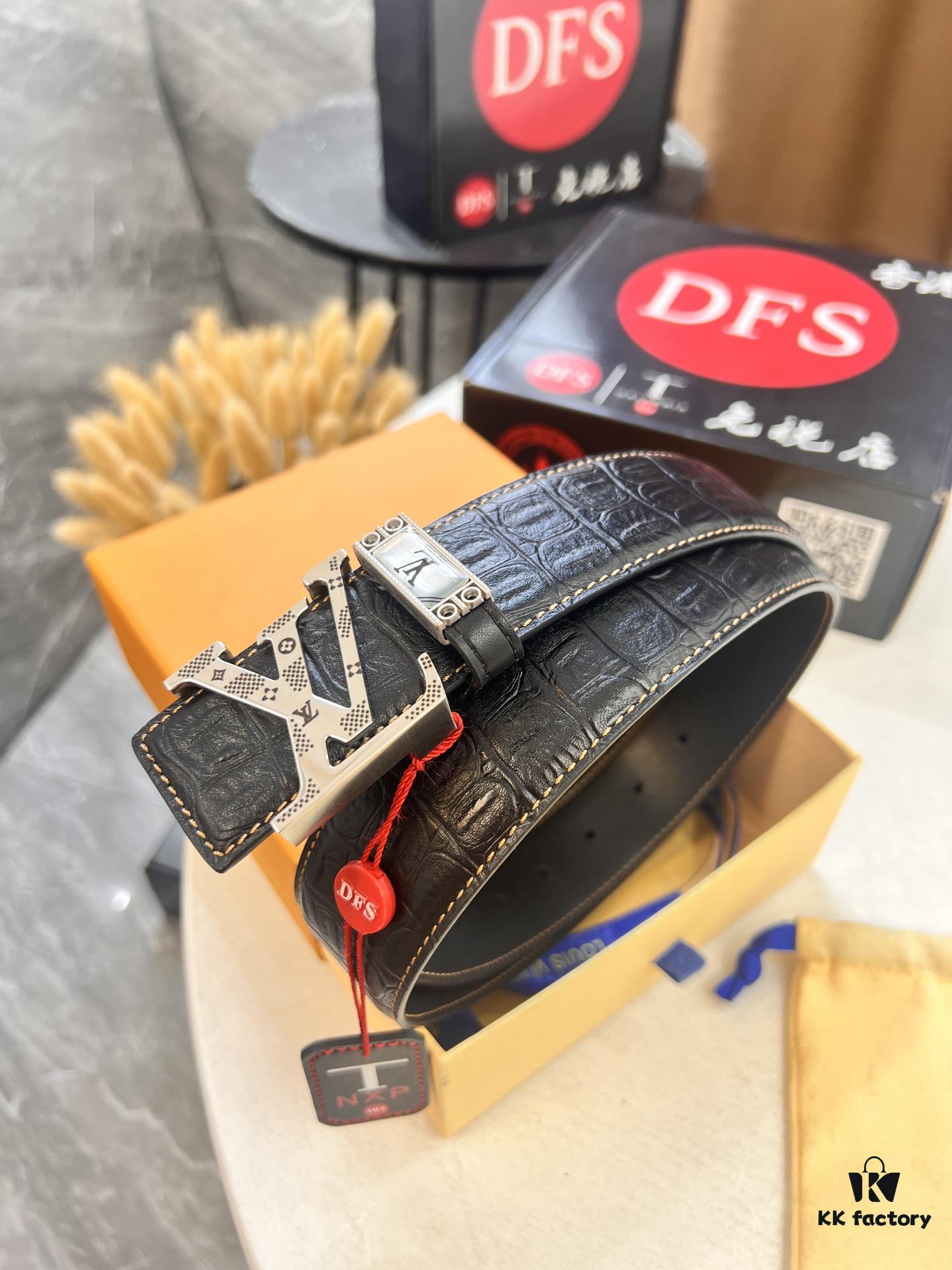 693203243a89a121ed551079 Top-Tier Louis Vuitton LV Belt – Genuine Crocodile-Texture Top Layer Calfskin, 3.8cm Width, Original Hong Kong Duty-Free Gift Box with NXP RFID Tag (Verifiable on Official Website)