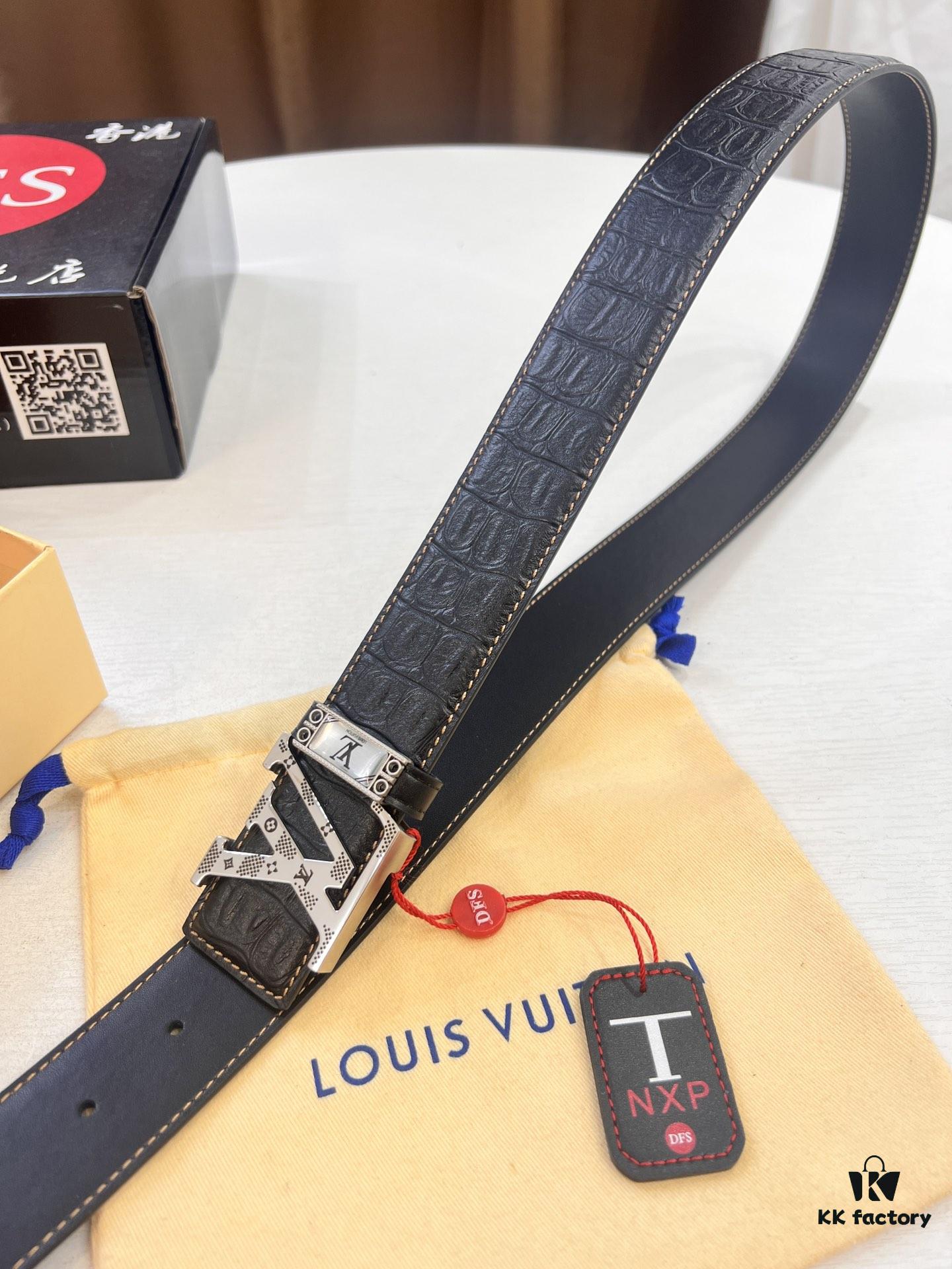 693203243a89a121ed55107a Top-Tier Louis Vuitton LV Belt – Genuine Crocodile-Texture Top Layer Calfskin, 3.8cm Width, Original Hong Kong Duty-Free Gift Box with NXP RFID Tag (Verifiable on Official Website)