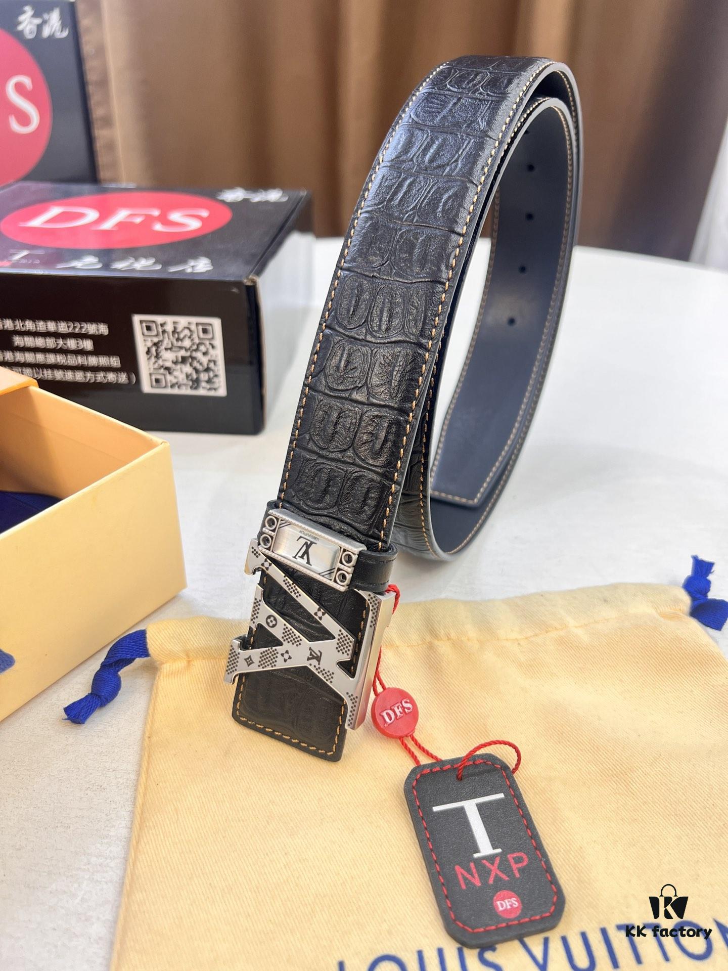 693203243a89a121ed55107b Top-Tier Louis Vuitton LV Belt – Genuine Crocodile-Texture Top Layer Calfskin, 3.8cm Width, Original Hong Kong Duty-Free Gift Box with NXP RFID Tag (Verifiable on Official Website)