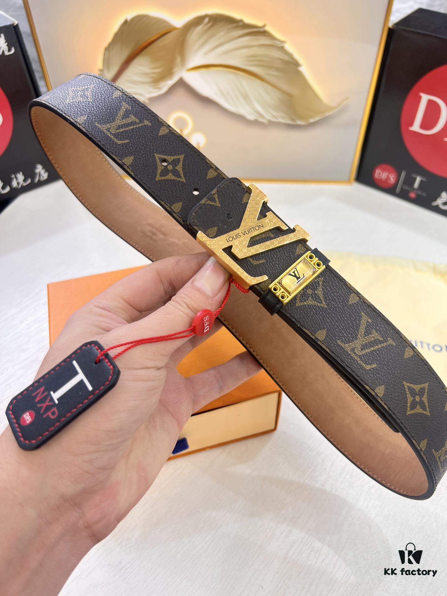 LV Men's Belt, New Arrival, Premium Cowhide Leather, Matte Finish, Corrosion-Resistant Letter Hardware, 3.8cm Width