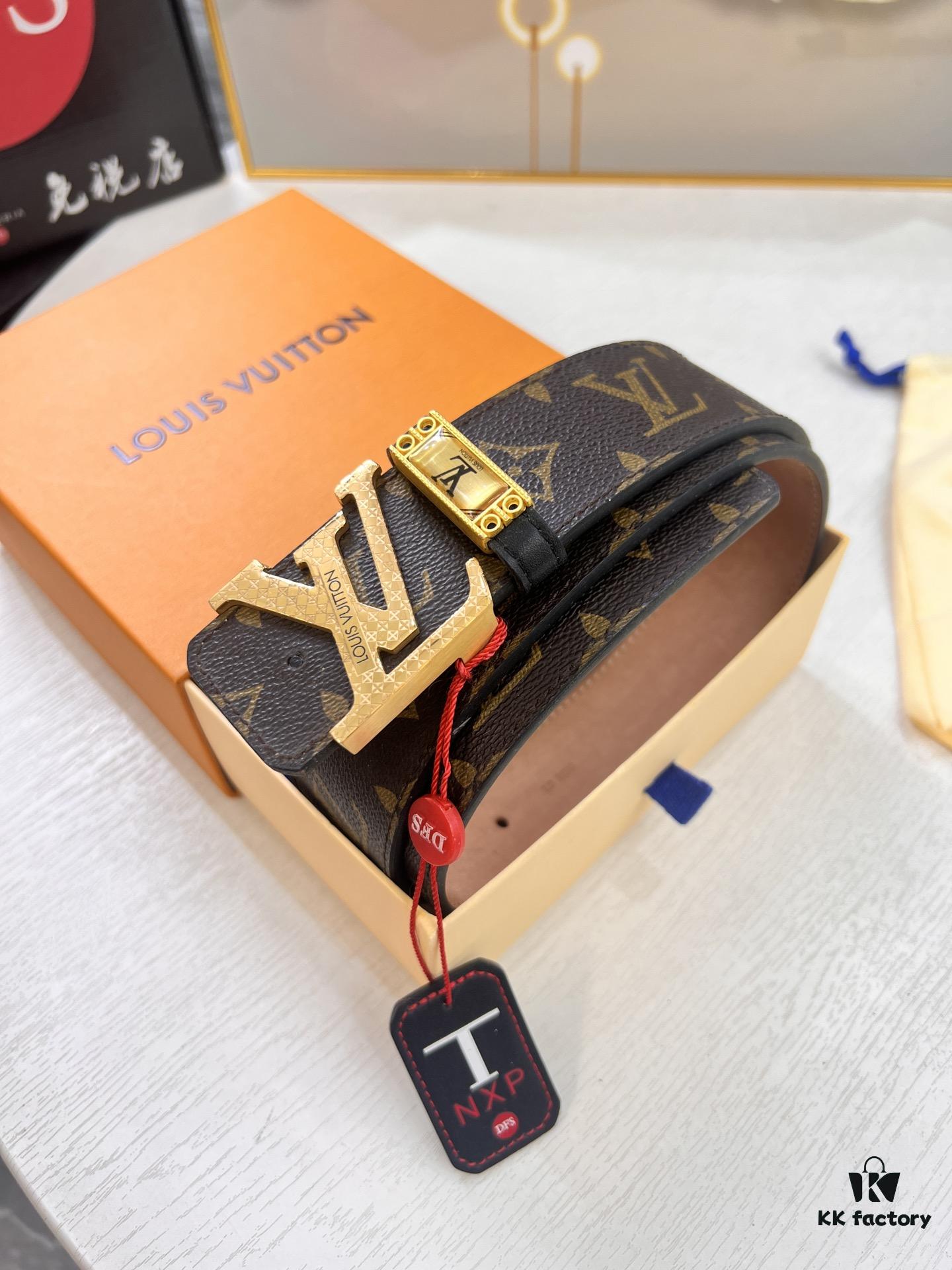 LV Men's Belt, New Arrival, Premium Cowhide Leather, Matte Finish, Corrosion-Resistant Letter Hardware, 3.8cm Width