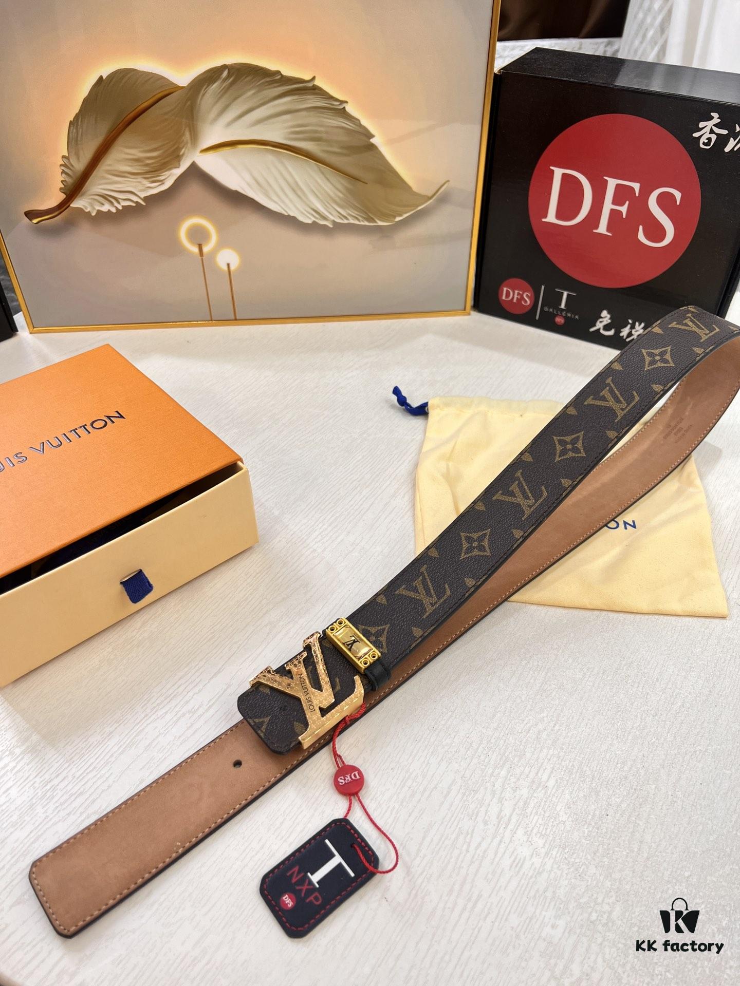 LV Men's Belt, New Arrival, Premium Cowhide Leather, Matte Finish, Corrosion-Resistant Letter Hardware, 3.8cm Width