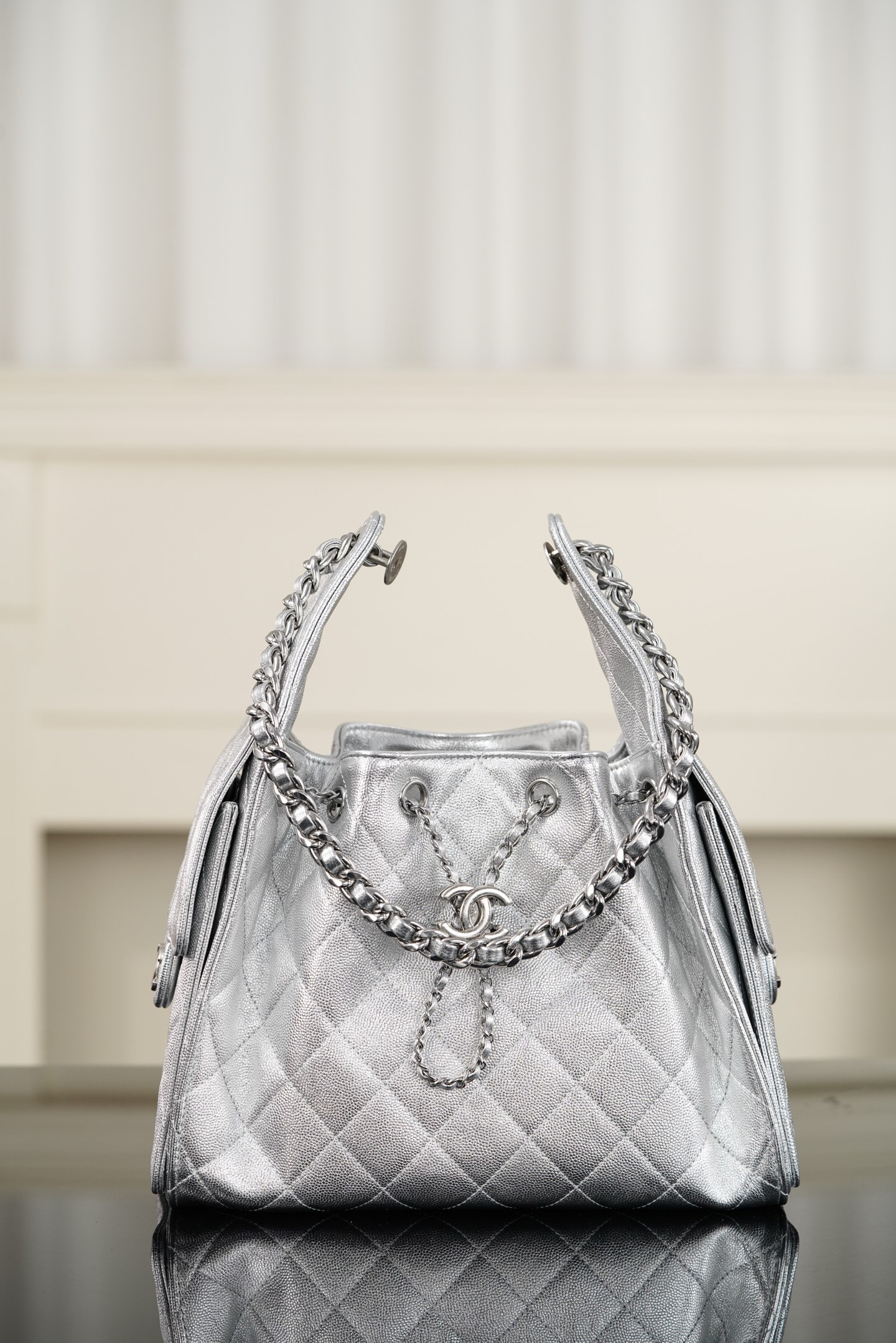 26c 25bag Drawstring Bucket Bag, Silver with Silver Buckle, Small Size