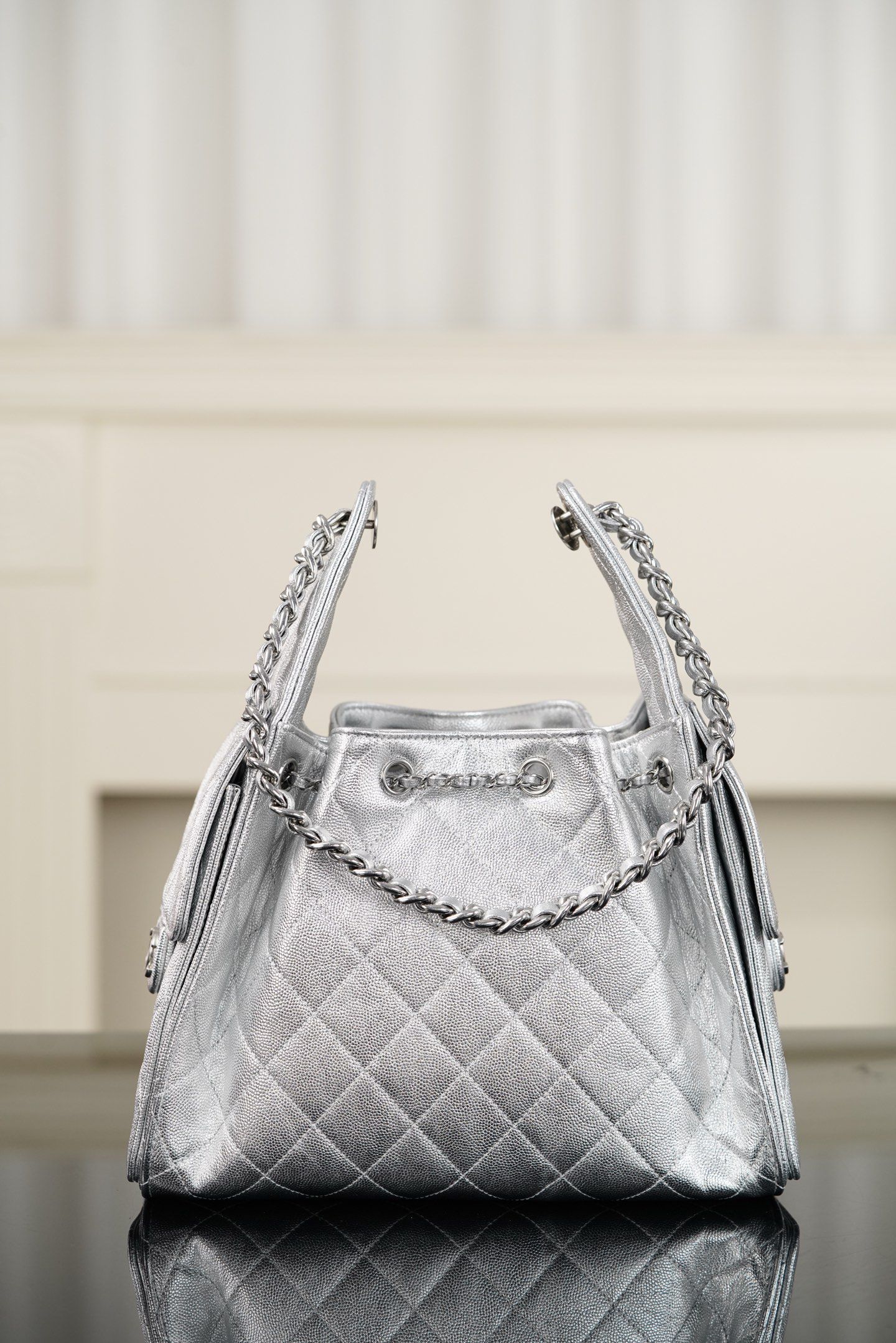 26c 25bag Drawstring Bucket Bag, Silver with Silver Buckle, Small Size