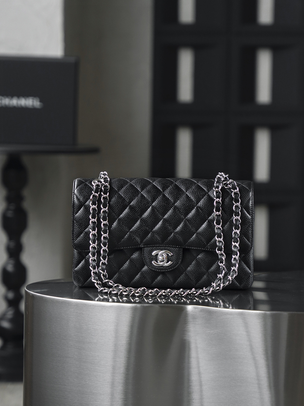 Classic Flap, Medium, Black and Silver, Authenticated Version 👜