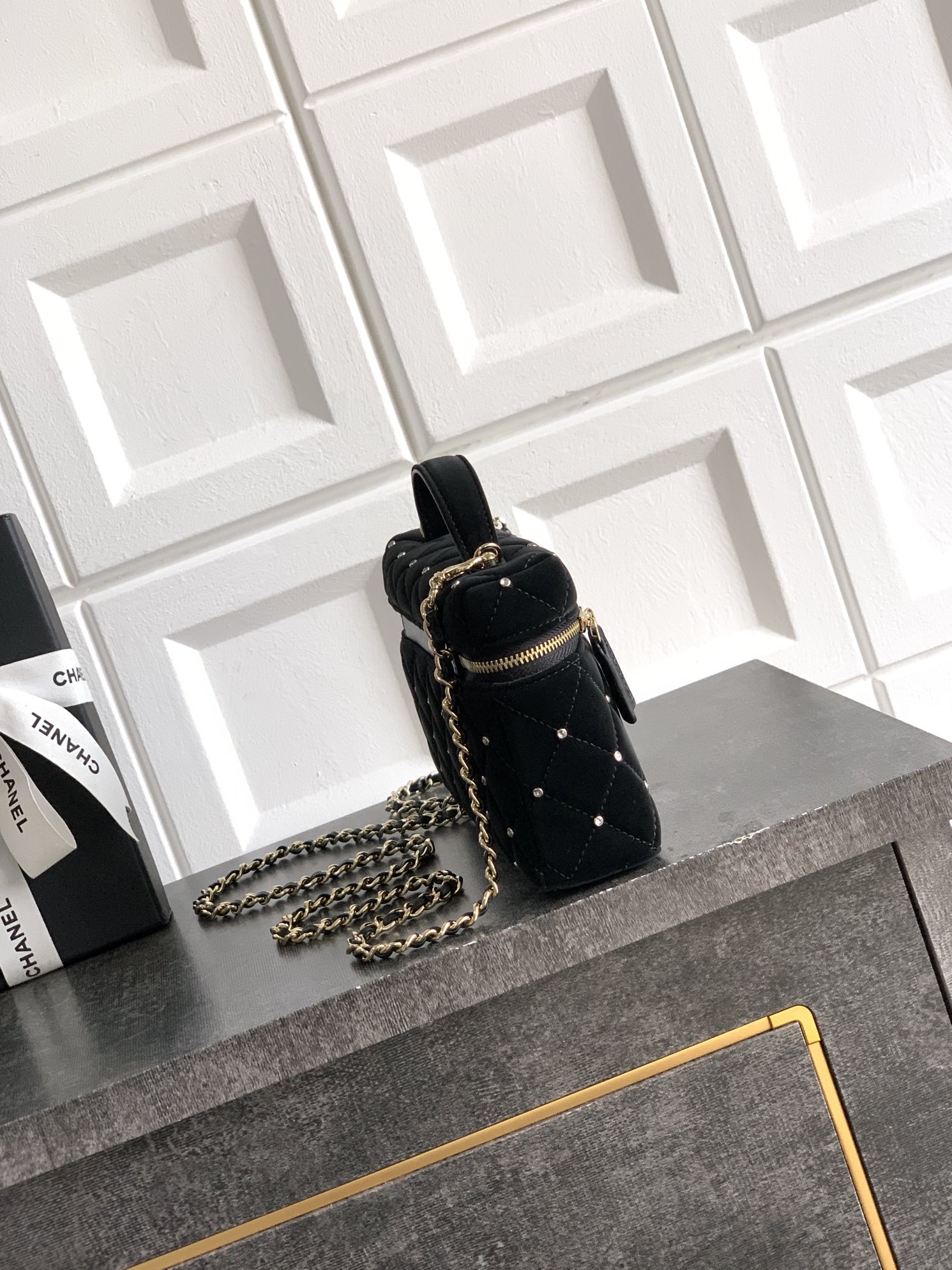1 OHANEL 25k Black Velvet Diamond-Studded Crescent Bag