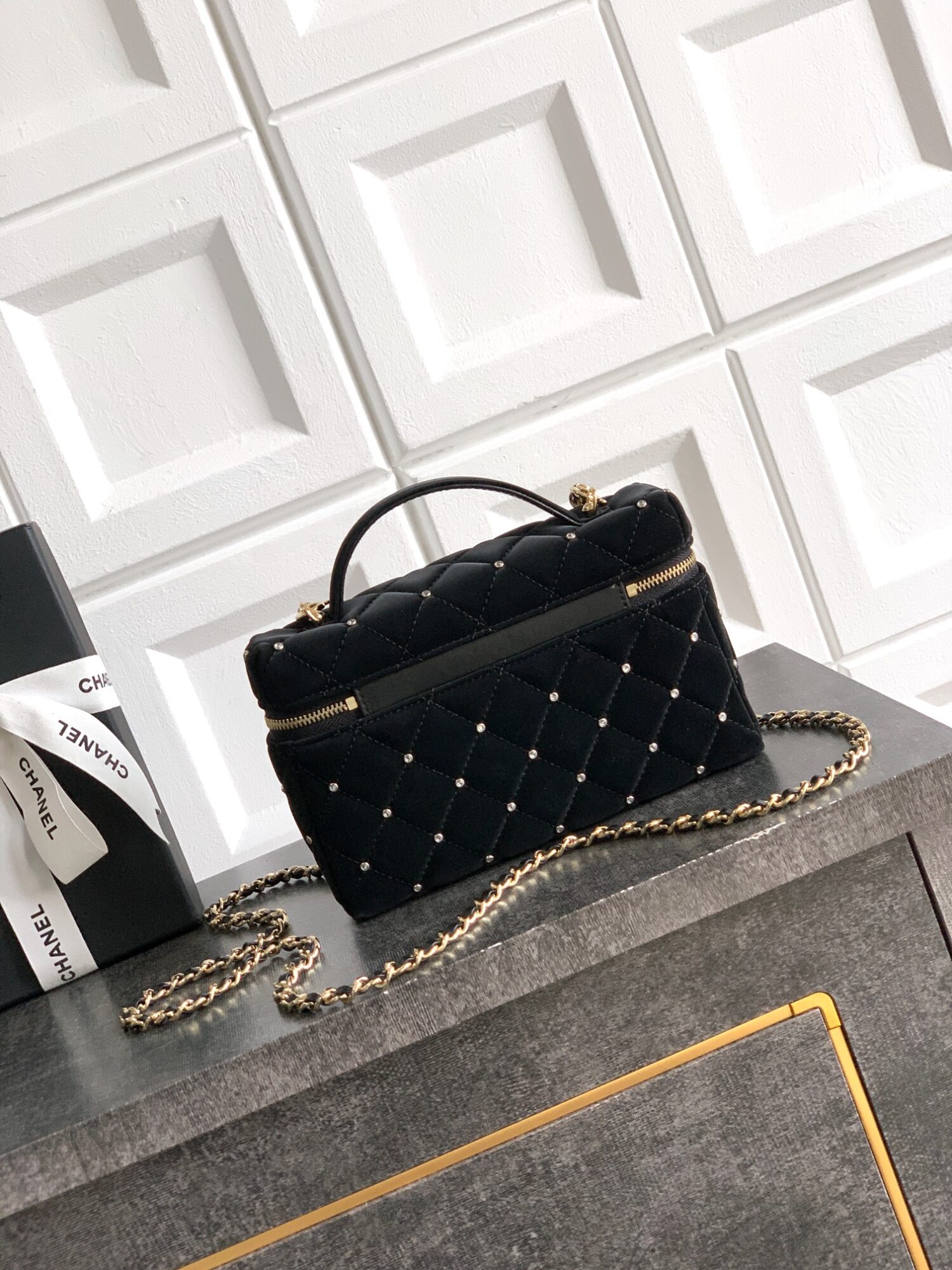 2 OHANEL 25k Black Velvet Diamond-Studded Crescent Bag