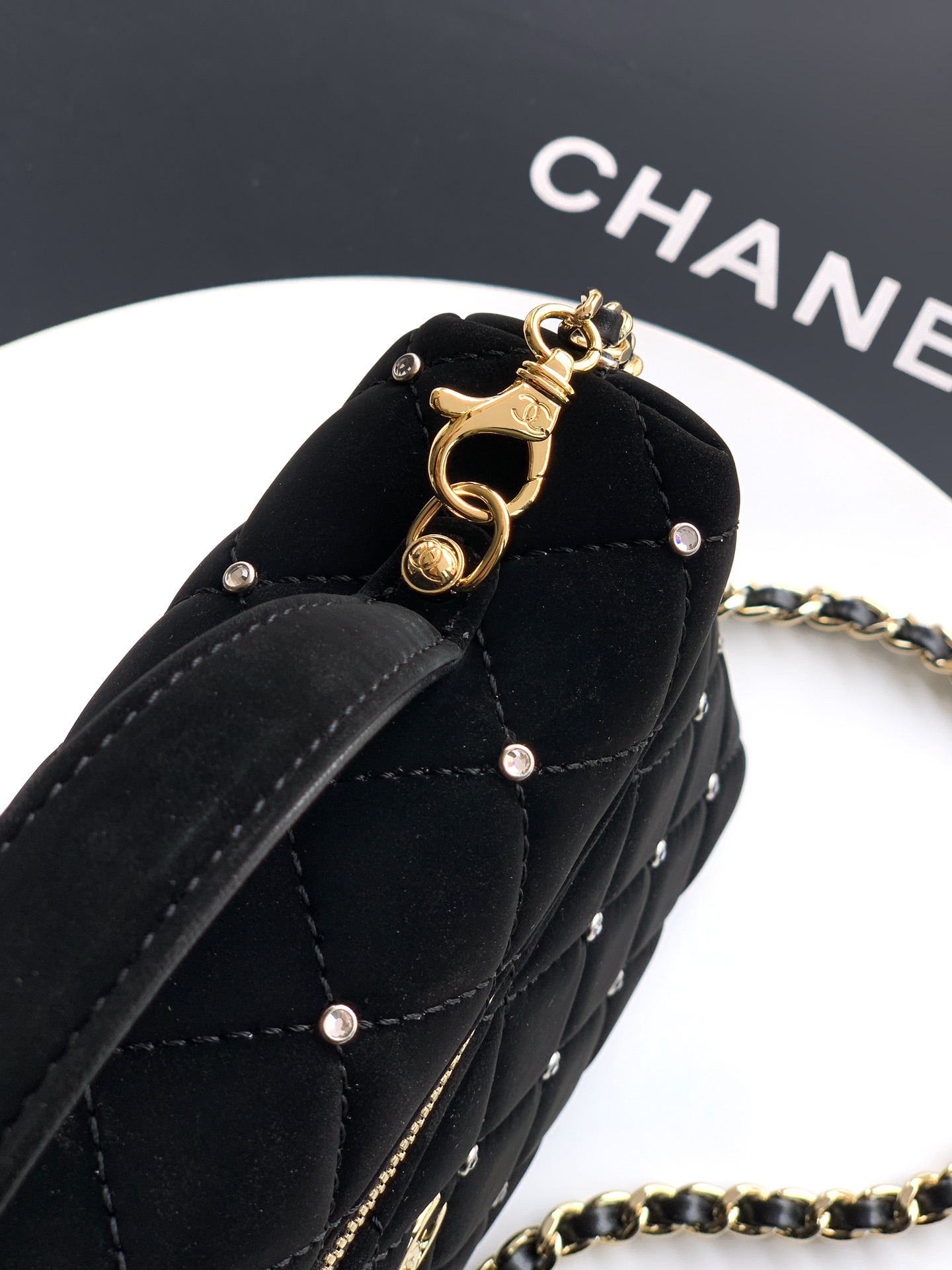 5 OHANEL 25k Black Velvet Diamond-Studded Crescent Bag